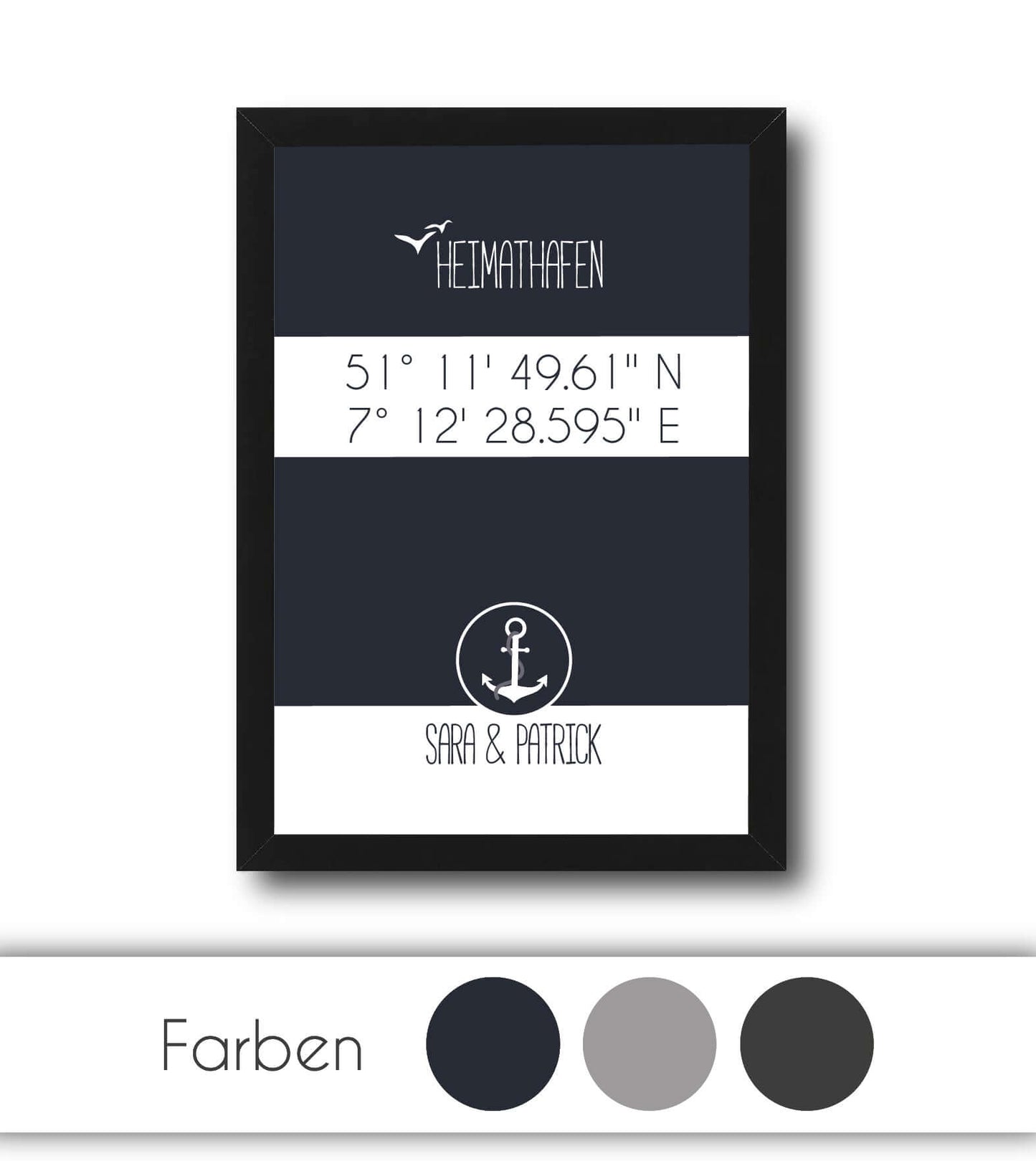 Personalisiertes Koordinaten Bild “HEIMATHAFEN” mit Anker, Bildfarbe: Anthrazit/Schwarz, Grau, Maritime/Blau, Bildgröße: 13x18cm, DIN A4, DIN A3, Bilderrahmen: Ohne Bilderrahmen, Bilderrahmen weiß ohne Passepartout, Bilderrahmen schwarz ohne Passepartout, Bilderrahmen weiß mit Passepartout, Bilderrahmen schwarz mit Passepartout, Copyright:321geschenke.de