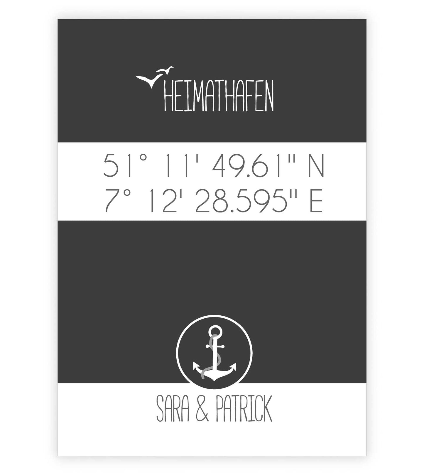Personalisiertes Koordinaten Bild “HEIMATHAFEN” mit Anker, Bildfarbe: Anthrazit/Schwarz, Bildgröße: 13x18cm, DIN A4, DIN A3, Bilderrahmen: Ohne Bilderrahmen, Copyright: 321geschenke.de