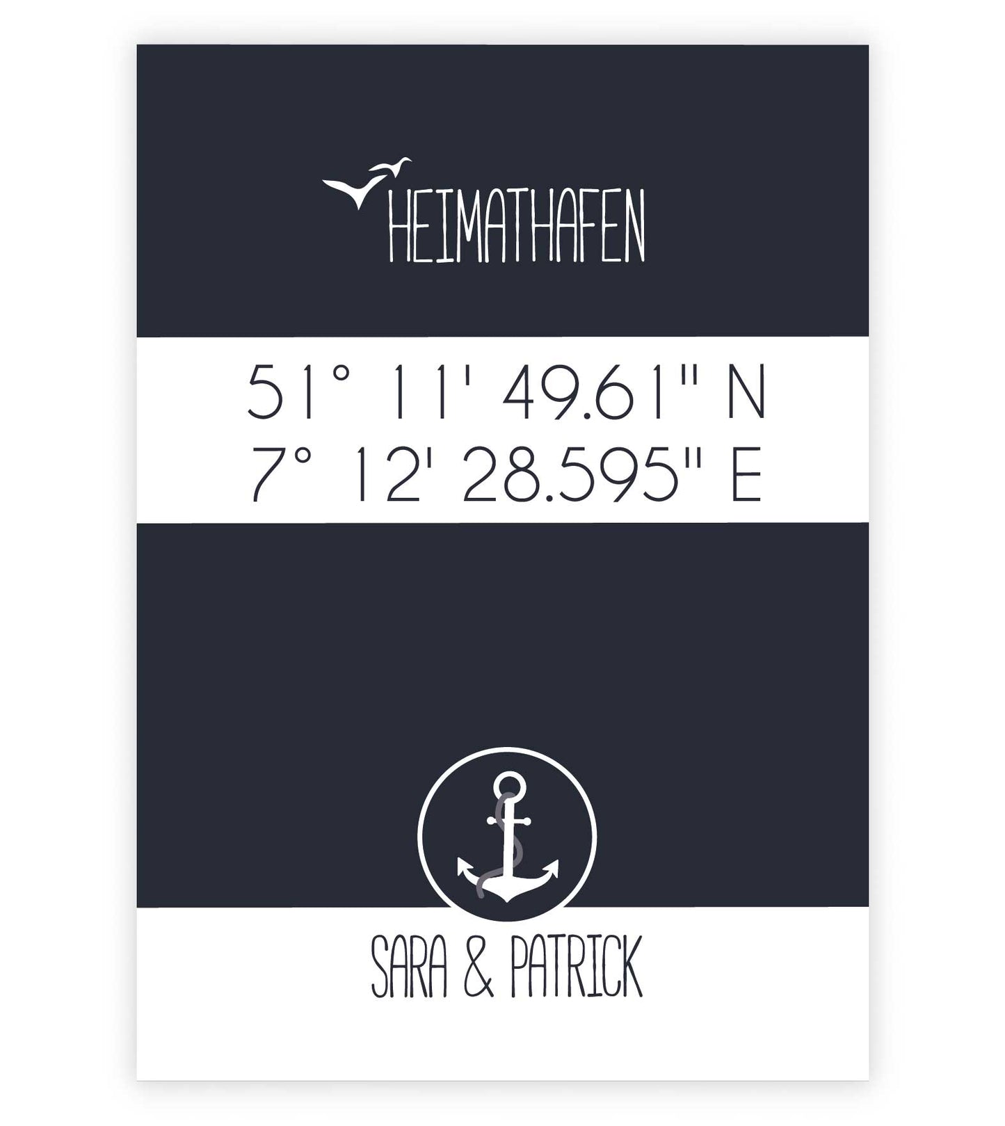 Personalisiertes Koordinaten Bild “HEIMATHAFEN” mit Anker, Bildfarbe: Maritime/Blau, Bildgröße: 13x18cm, DIN A4, DIN A3, Bilderrahmen: Ohne Bilderrahmen, Copyright: 321geschenke.de