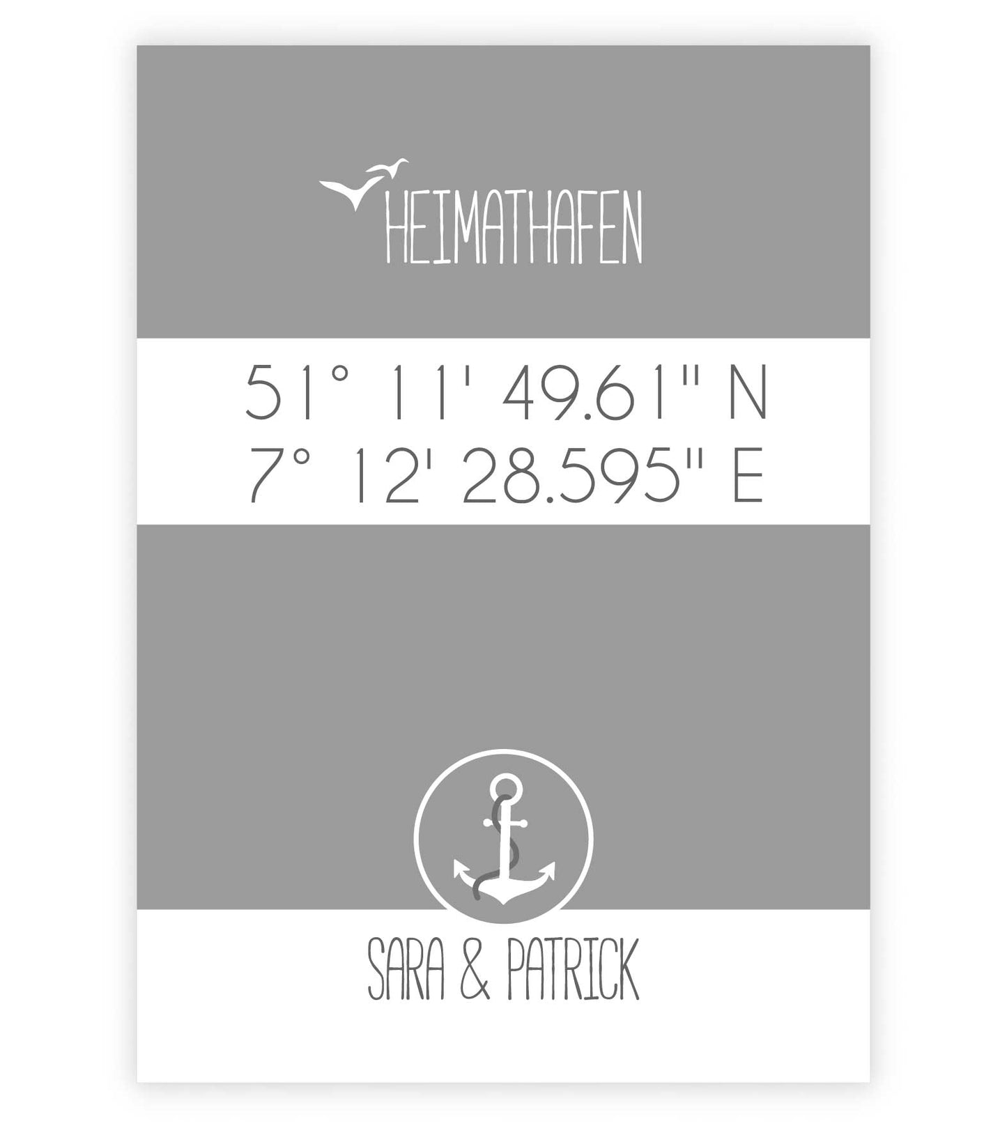 Personalisiertes Koordinaten Bild “HEIMATHAFEN” mit Anker, Bildfarbe: Grau, Bildgröße: 13x18cm, DIN A4, DIN A3, Bilderrahmen: Ohne Bilderrahmen, Copyright: 321geschenke.de