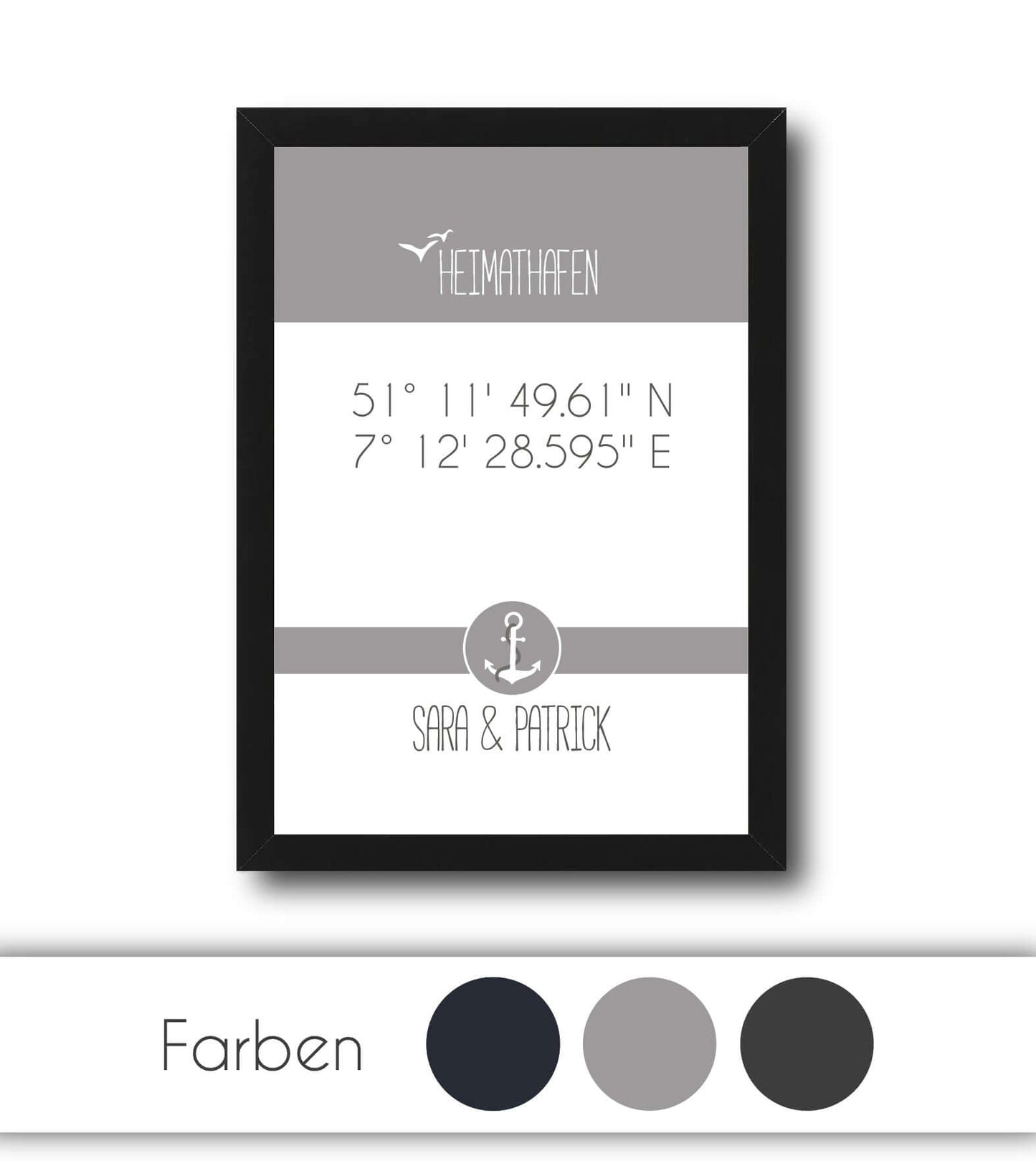 Personalisiertes Koordinaten Bild “HEIMATHAFEN” mit Anker, Bildfarbe: Anthrazit/Schwarz, Grau, Maritime/Blau, Bildgröße: 13x18cm, DIN A4, DIN A3, Bilderrahmen: Ohne Bilderrahmen, Bilderrahmen weiß ohne Passepartout, Bilderrahmen schwarz ohne Passepartout, Bilderrahmen weiß mit Passepartout, Bilderrahmen schwarz mit Passepartout, Copyright:321geschenke.de