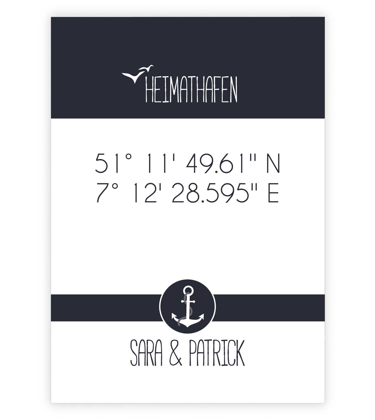 Personalisiertes Koordinaten Bild “HEIMATHAFEN” mit Anker, Bildfarbe: Maritime/Blau, Bildgröße: 13x18cm, DIN A4, DIN A3, Bilderrahmen: Ohne Bilderrahmen, Copyright: 321geschenke.de