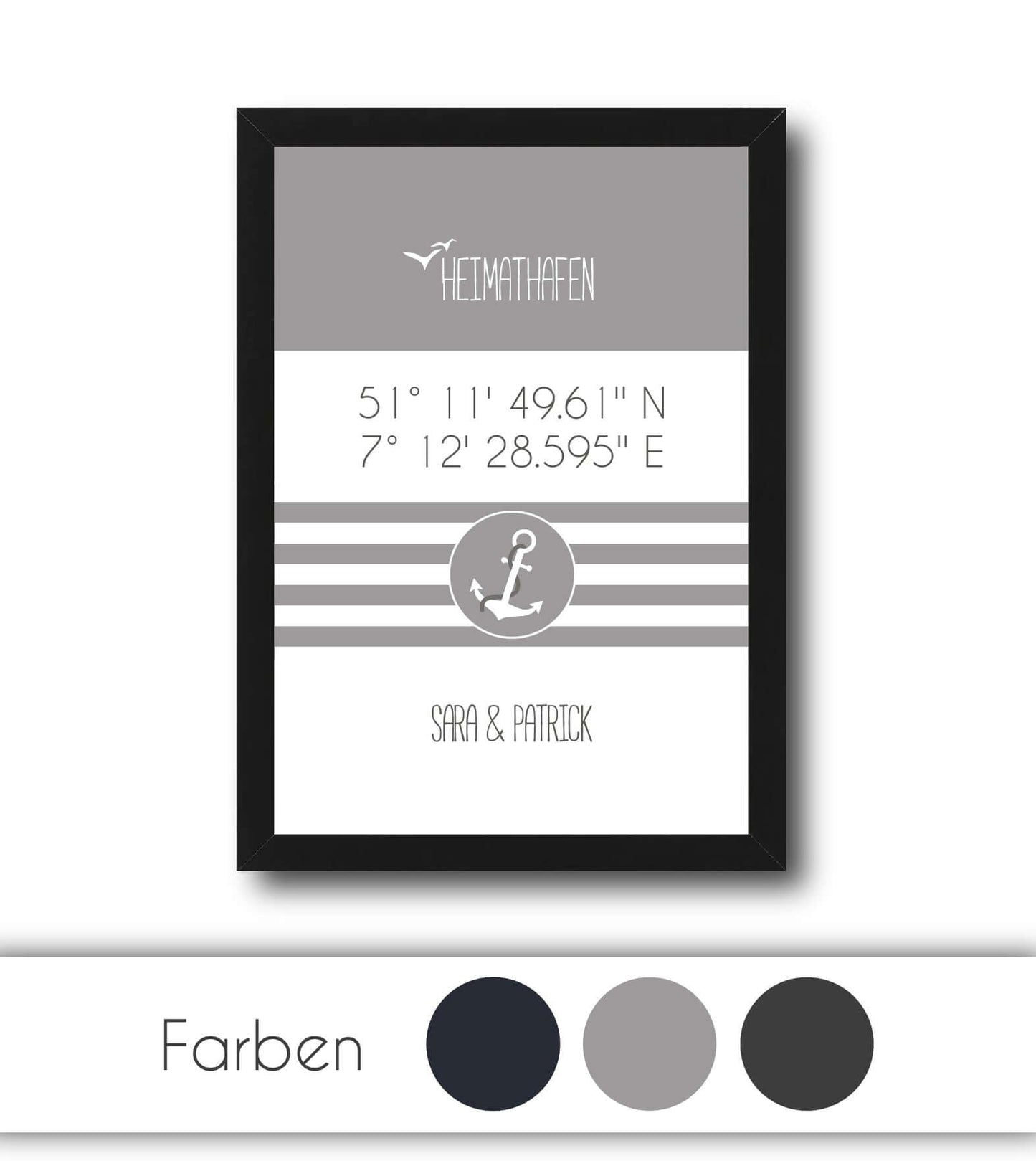 Personalisiertes Koordinaten Bild “HEIMATHAFEN” mit Anker gestreift, Bildfarbe: Anthrazit/Schwarz, Grau, Maritime/Blau, Bildgröße: 13x18cm, DIN A4, DIN A3, Bilderrahmen: Ohne Bilderrahmen, Bilderrahmen weiß ohne Passepartout, Bilderrahmen schwarz ohne Passepartout, Bilderrahmen weiß mit Passepartout, Bilderrahmen schwarz mit Passepartout, Copyright:321geschenke.de