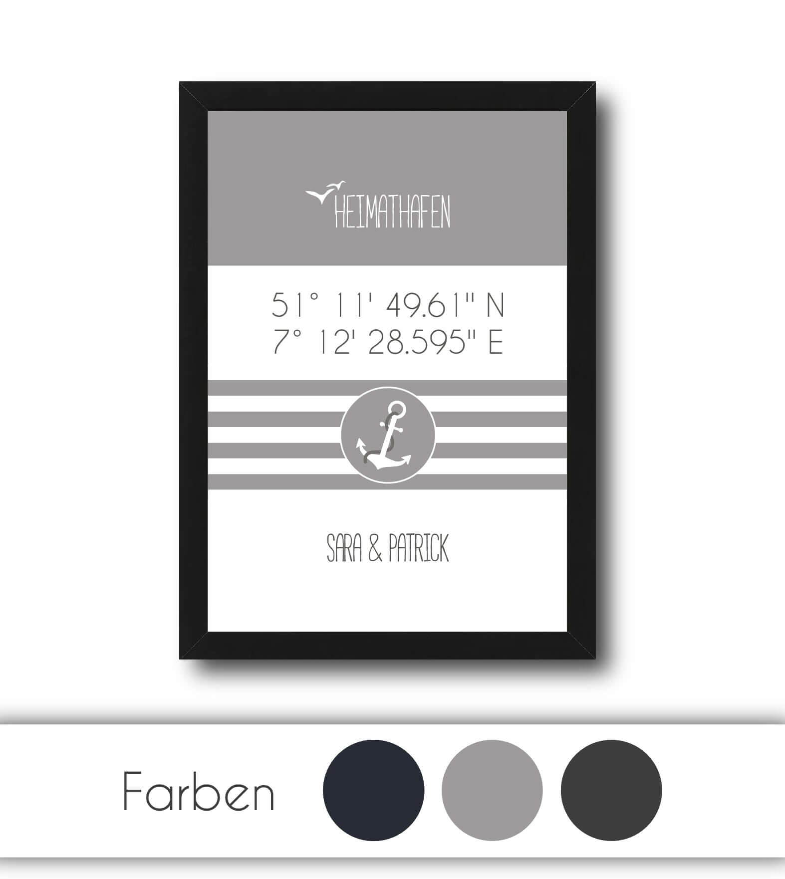 Personalisiertes Koordinaten Bild “HEIMATHAFEN” mit Anker gestreift, Bildfarbe: Anthrazit/Schwarz, Grau, Maritime/Blau, Bildgröße: 13x18cm, DIN A4, DIN A3, Bilderrahmen: Ohne Bilderrahmen, Bilderrahmen weiß ohne Passepartout, Bilderrahmen schwarz ohne Passepartout, Bilderrahmen weiß mit Passepartout, Bilderrahmen schwarz mit Passepartout, Copyright:321geschenke.de