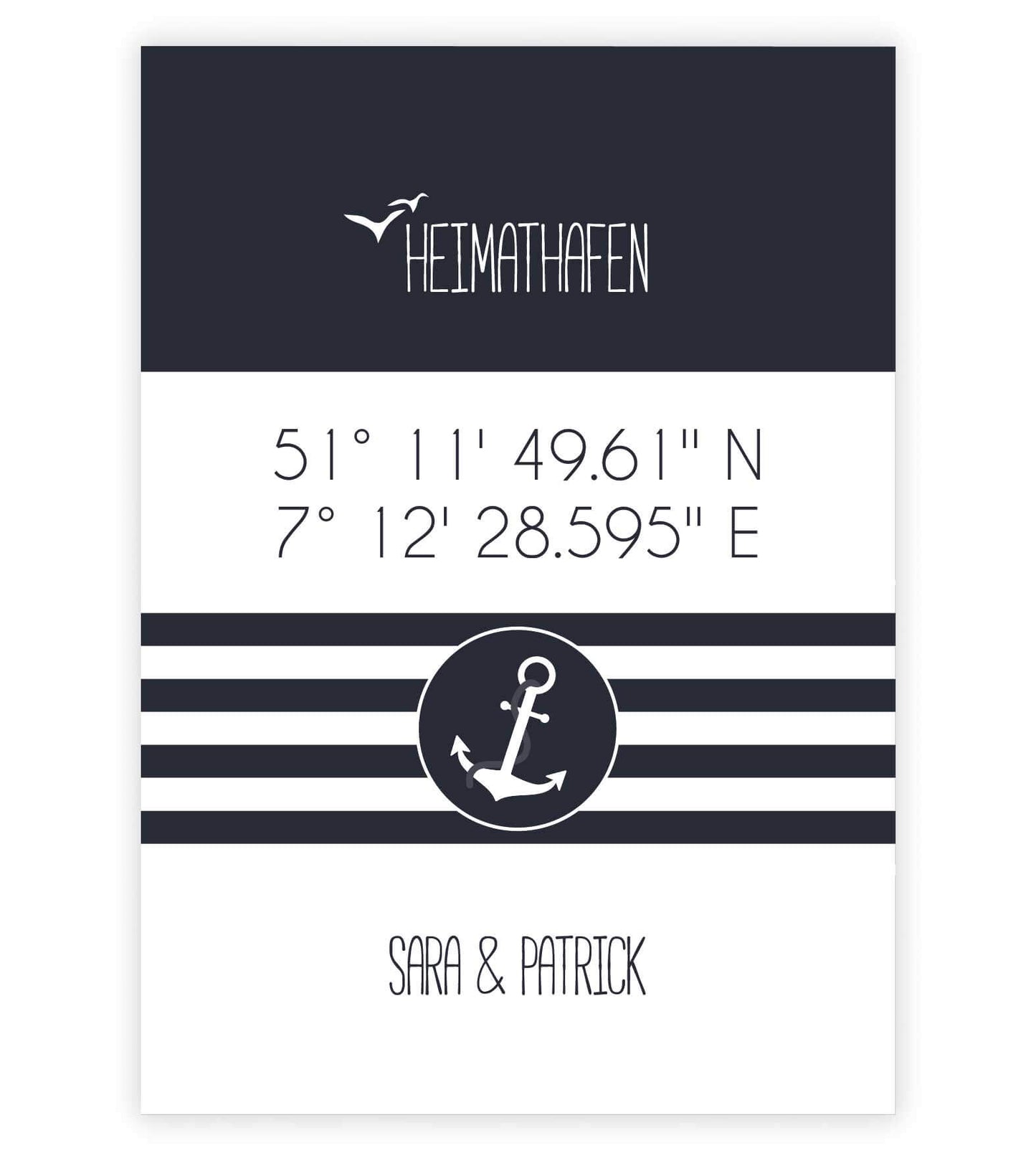 Personalisiertes Koordinaten Bild “HEIMATHAFEN” mit Anker gestreift, Bildfarbe: Maritime/Blau, Bildgröße: 13x18cm, Bilderrahmen: Ohne Bilderrahmen, Copyright:321geschenke.de