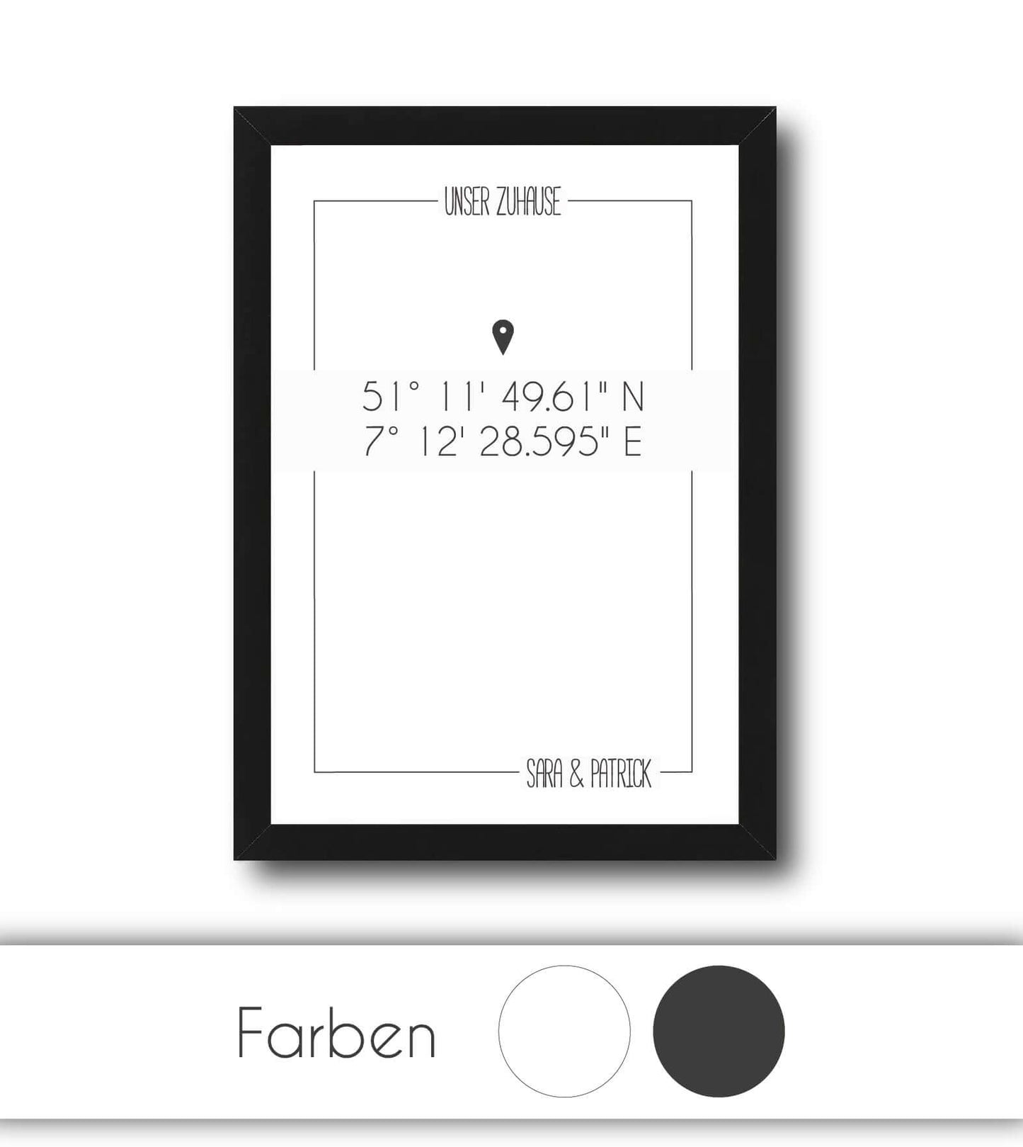 Personalisiertes Koordinaten Bild “UNSER ZUHAUSE”, Bildfarbe: Anthrazit/Schwarz, Weiß, Bildgröße: 13x18cm, DIN A4, DIN A3, Bilderrahmen: Ohne Bilderrahmen, Bilderrahmen weiß ohne Passepartout, Bilderrahmen schwarz ohne Passepartout, Bilderrahmen weiß mit Passepartout, Bilderrahmen schwarz mit Passepartout, Copyright: 321geschenke.de