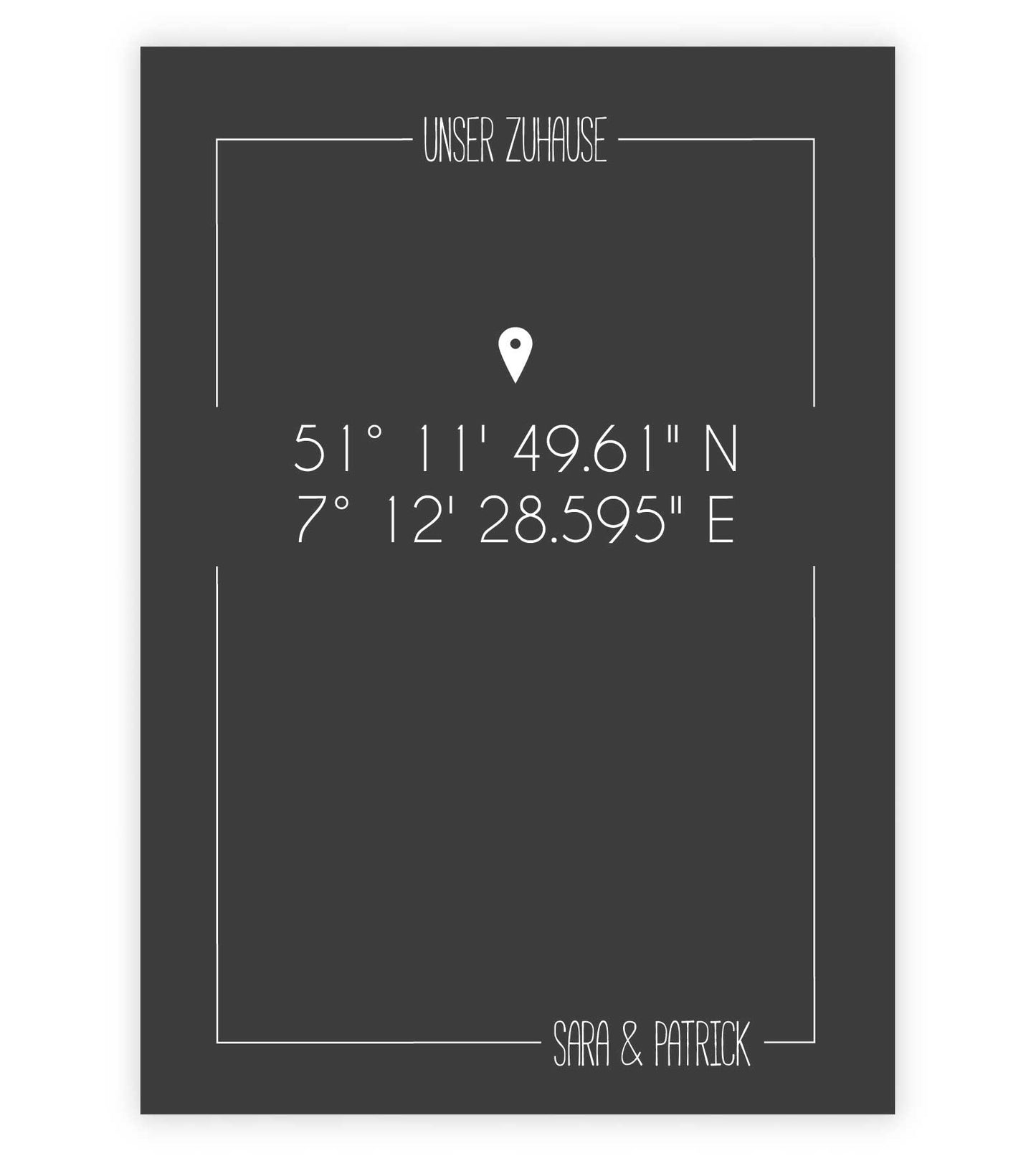 Personalisiertes Koordinaten Bild “UNSER ZUHAUSE”, Bildfarbe: Anthrazit/Schwarz, Bildgröße: 13x18cm, DIN A4, DIN A3, Bilderrahmen: Ohne Bilderrahmen, Copyright: 321geschenke.de