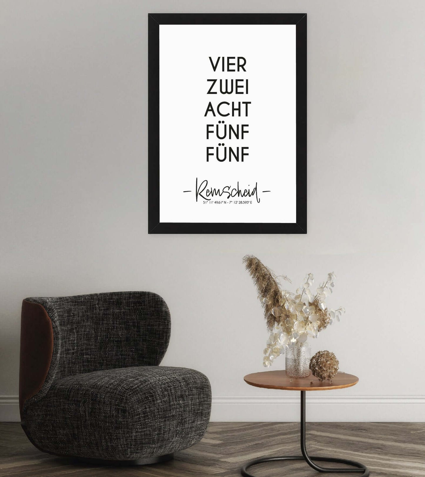 Anwendungsbild_Personalisiertes Koordinatenposter "PLZ" Postleitzahl, Bildfarbe: Anthrazit/Schwarz, Grau, Weiß, Bildgröße: 13x18cm, DIN A4, DIN A3, Bilderrahmen: Ohne Bilderrahmen, Bilderrahmen weiß ohne Passepartout, Bilderrahmen schwarz ohne Passepartout, Bilderrahmen weiß mit Passepartout, Bilderrahmen schwarz mit Passepartout, Copyright: 321geschenke.de