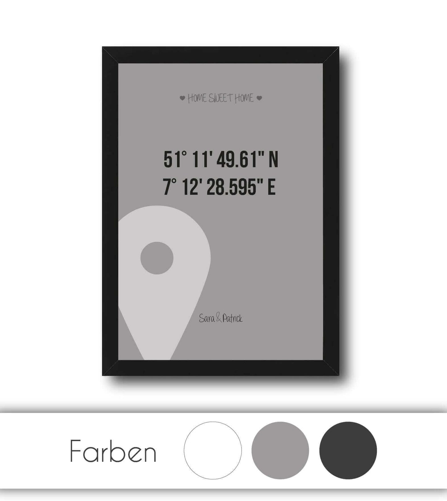 Personalisiertes Bild "HOME SWEET HOME GPS" in grau, weiß oder schwarz/anthrazit, Copyright: 321geschenke.de