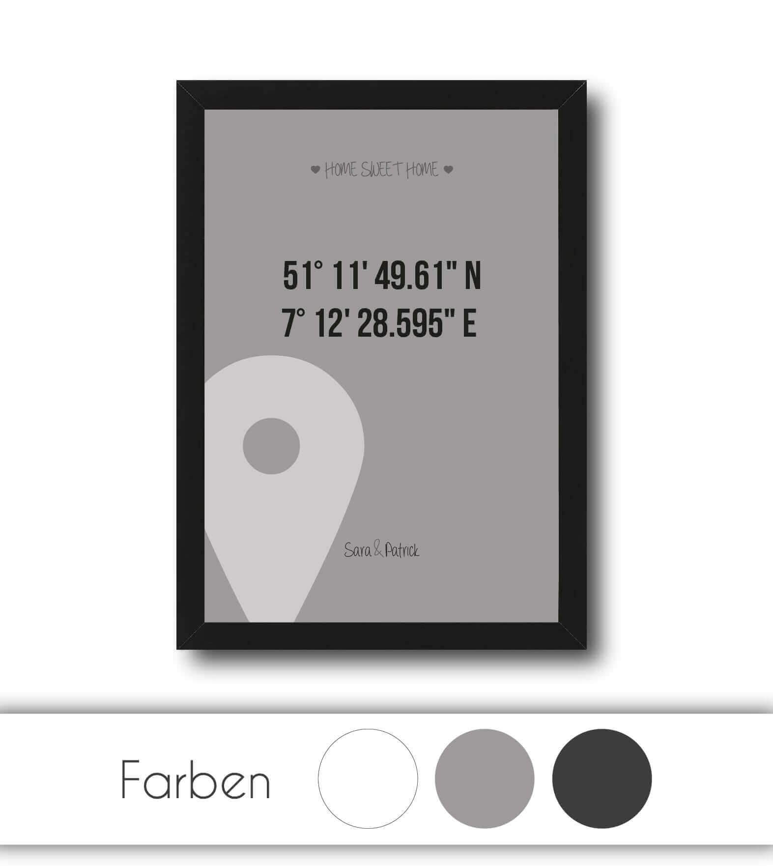 Personalisiertes Bild "HOME SWEET HOME GPS" in grau, weiß oder schwarz/anthrazit, Copyright: 321geschenke.de