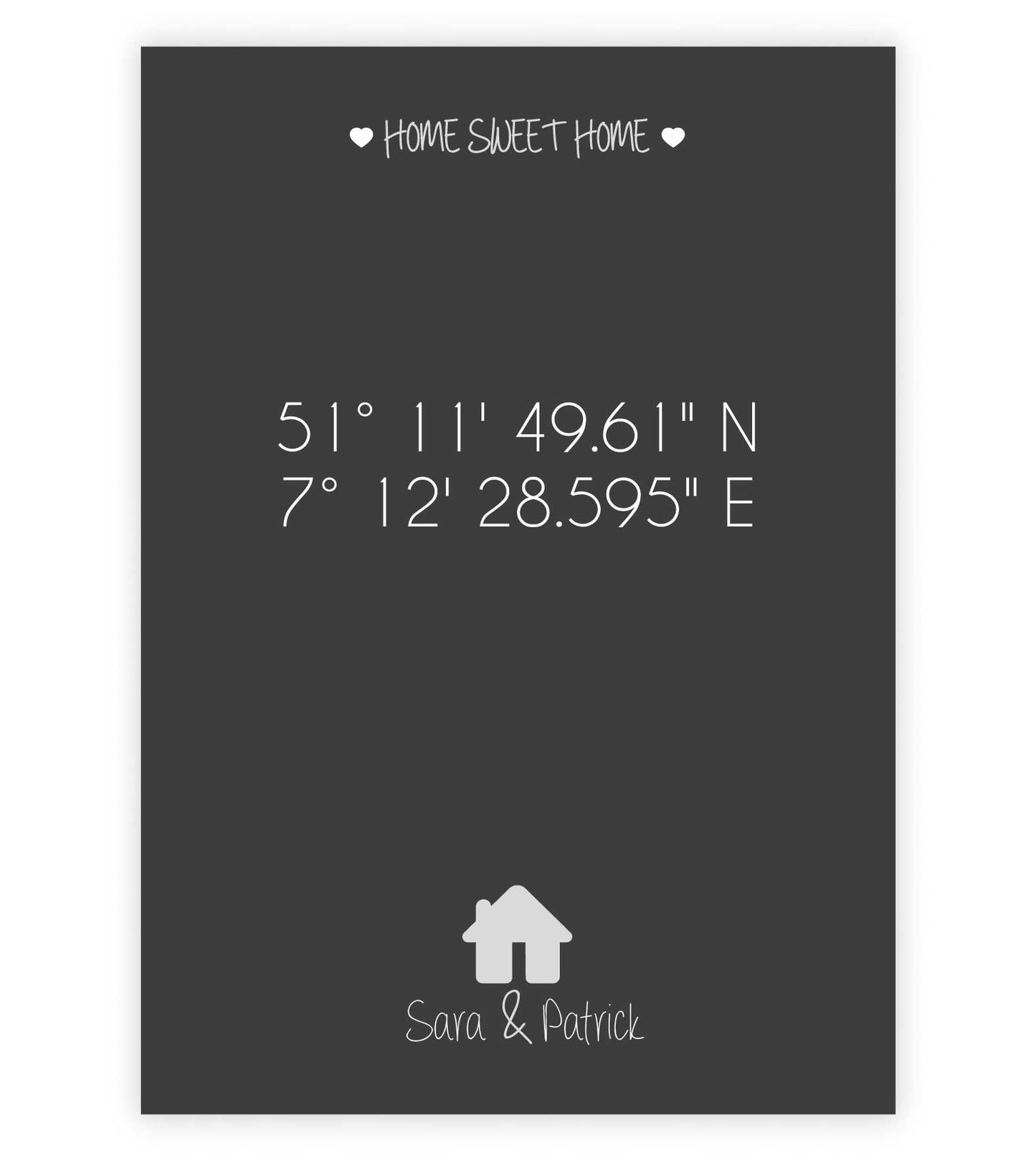 Personalisiertes Koordinaten Bild “ HOME SWEET HOME HAUS”, Bildfarbe: Anthrazit/Schwarz, Bildgröße: 13x18cm, DIN A4, DIN A3, Bilderrahmen: Ohne Bilderrahmen, Copyright: 321geschenke.de