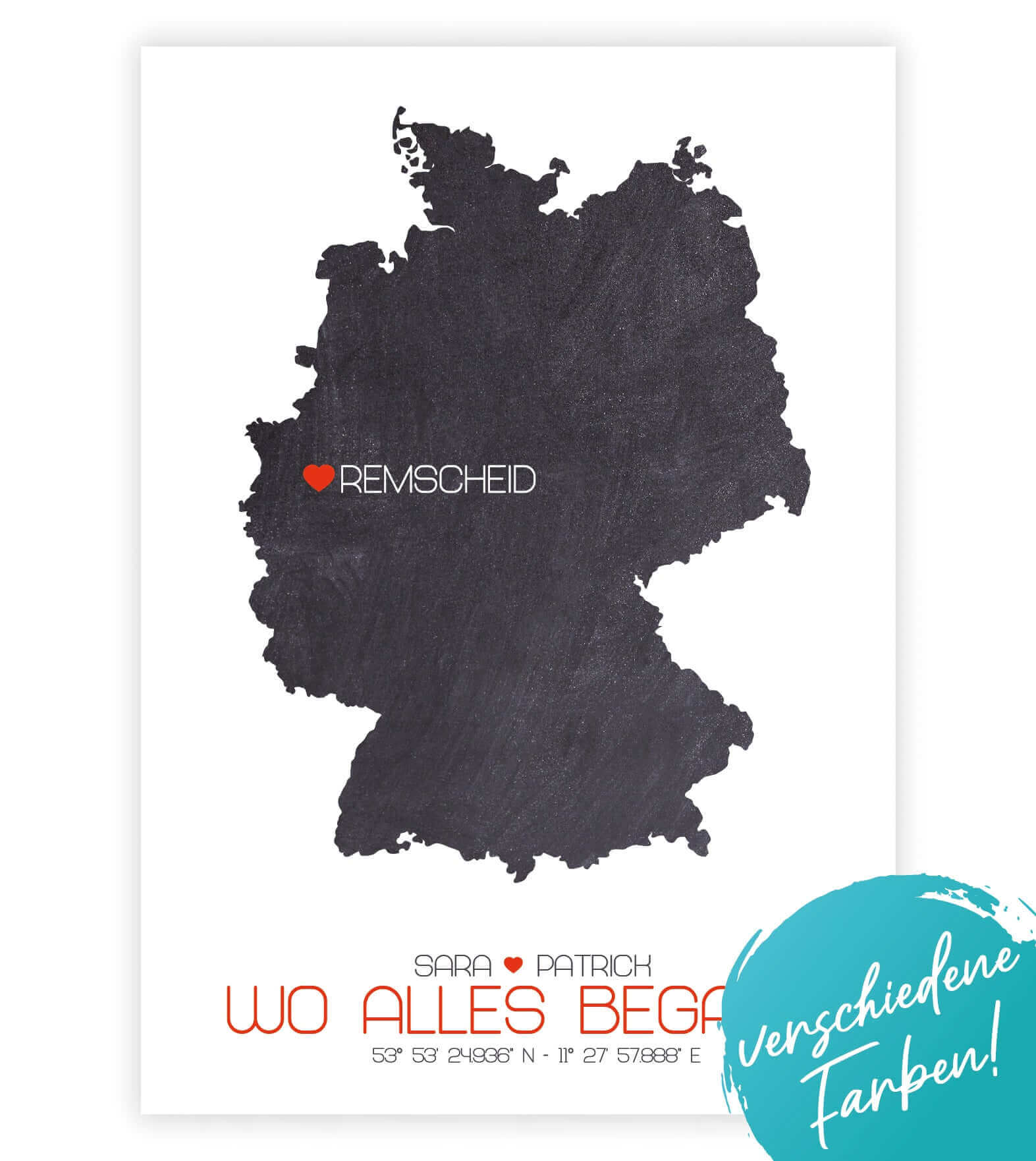 Personalisiertes Koordinaten Bild “Landkarte – Wo alles begann”, Bildfarbe: Anthrazit/Schwarz, Grau, Rot, Blau, Gelb, Grün, Bildgröße: 13x18cm, DIN A4, DIN A3, Bilderrahmen: Ohne Bilderrahmen, Bilderrahmen weiß ohne Passepartout, Bilderrahmen schwarz ohne Passepartout, Bilderrahmen weiß mit Passepartout, Bilderrahmen schwarz mit Passepartout, Copyright: 321geschenke.de