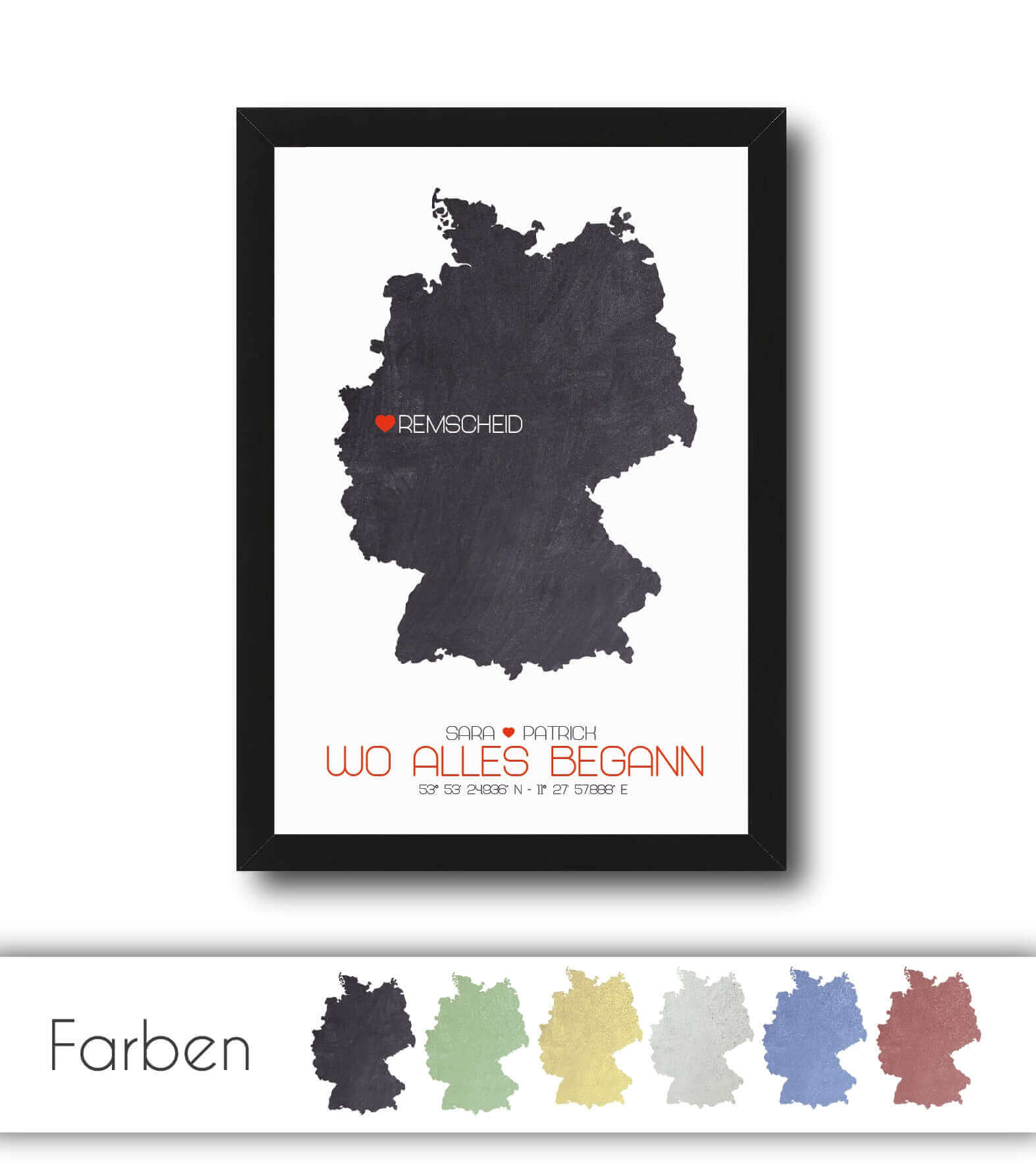 Personalisiertes Koordinaten Bild “Landkarte – Wo alles begann”, Bildfarbe: Anthrazit/Schwarz, Grau, Rot, Blau, Gelb, Grün, Bildgröße: 13x18cm, DIN A4, DIN A3, Bilderrahmen: Ohne Bilderrahmen, Bilderrahmen weiß ohne Passepartout, Bilderrahmen schwarz ohne Passepartout, Bilderrahmen weiß mit Passepartout, Bilderrahmen schwarz mit Passepartout, Copyright: 321geschenke.de