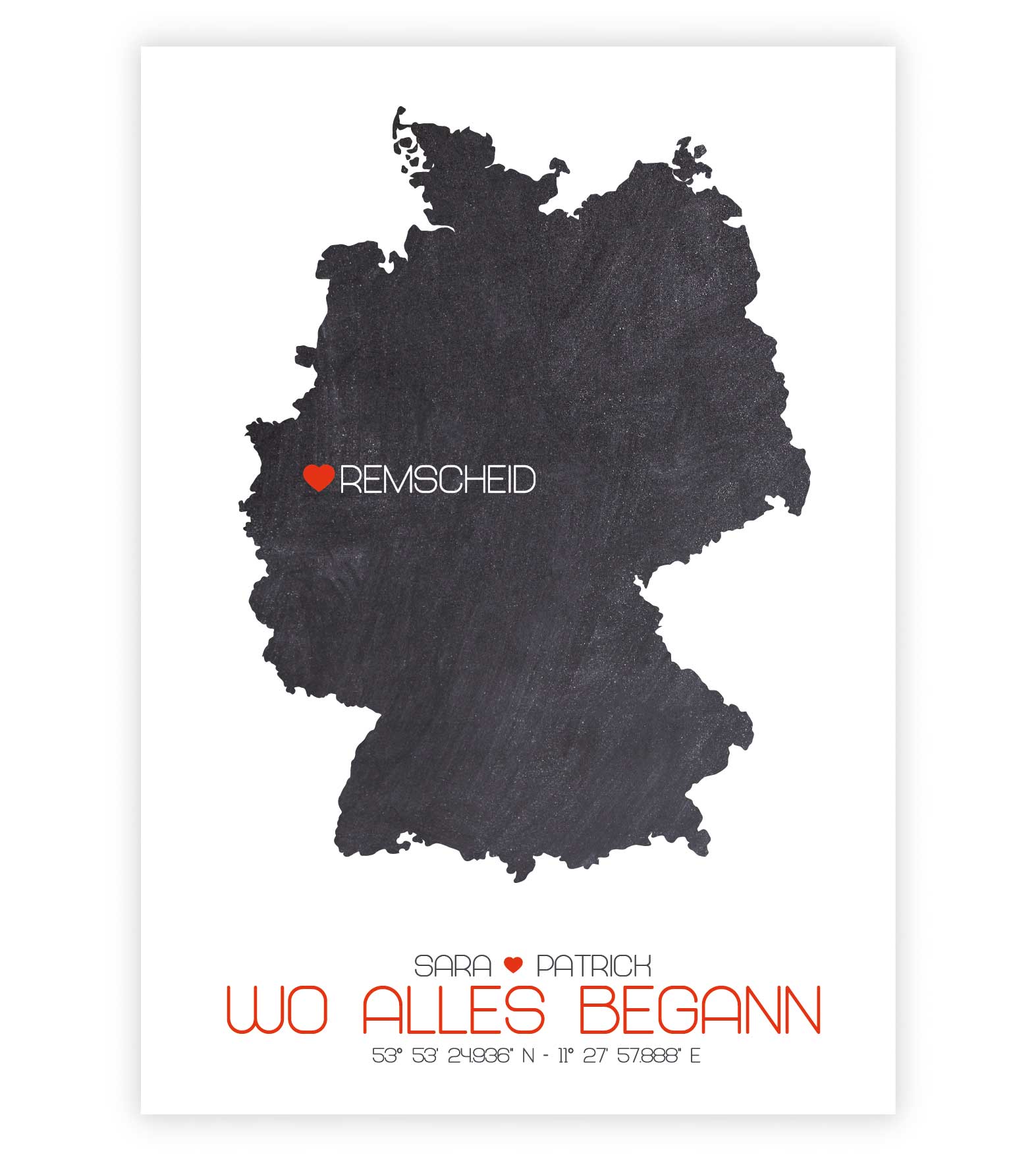 Personalisiertes Koordinaten Bild “Landkarte – Wo alles begann”, Bildfarbe: Anthrazit/Schwarz, Bildgröße: 13x18cm, DIN A4, DIN A3, Bilderrahmen: Ohne Bilderrahmen, Copyright: 321geschenke.de