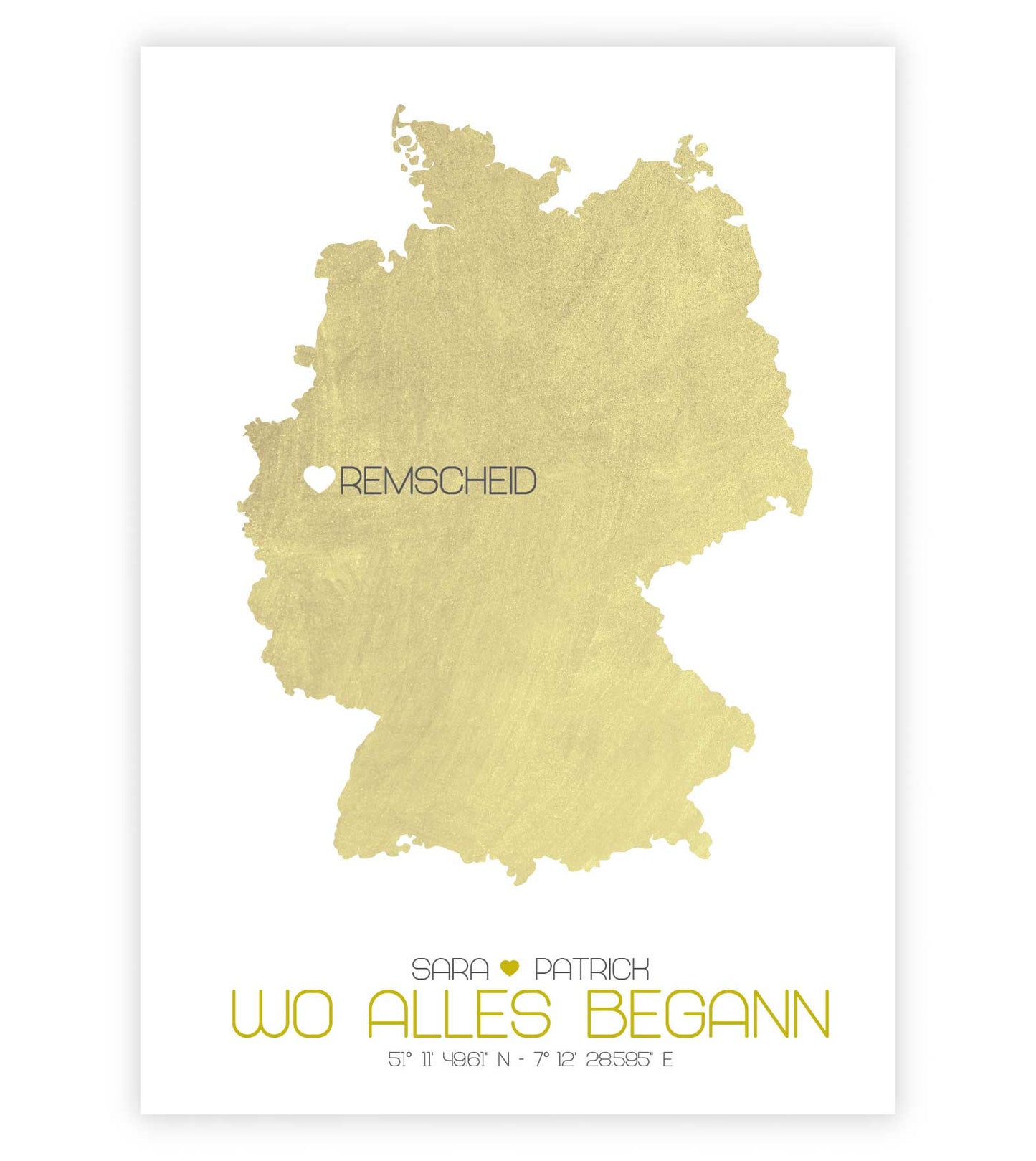 Personalisiertes Koordinaten Bild “Landkarte – Wo alles begann”, Bildfarbe: Gelb, Bildgröße: 13x18cm, DIN A4, DIN A3, Bilderrahmen: Ohne Bilderrahmen, Copyright: 321geschenke.de