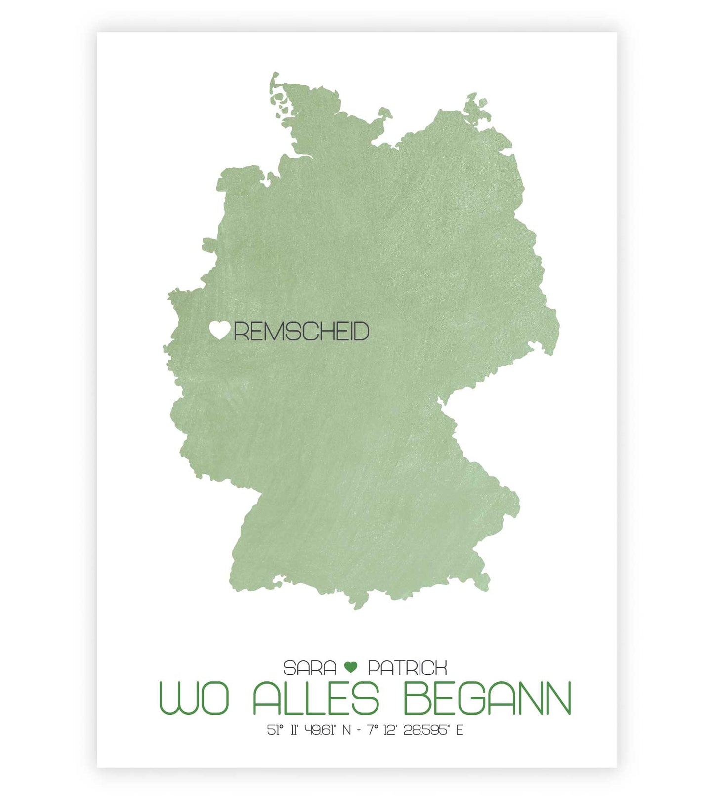 Personalisiertes Koordinaten Bild “Landkarte – Wo alles begann”, Bildfarbe: Grün, Bildgröße: 13x18cm, DIN A4, DIN A3, Bilderrahmen: Ohne Bilderrahmen, Copyright: 321geschenke.de