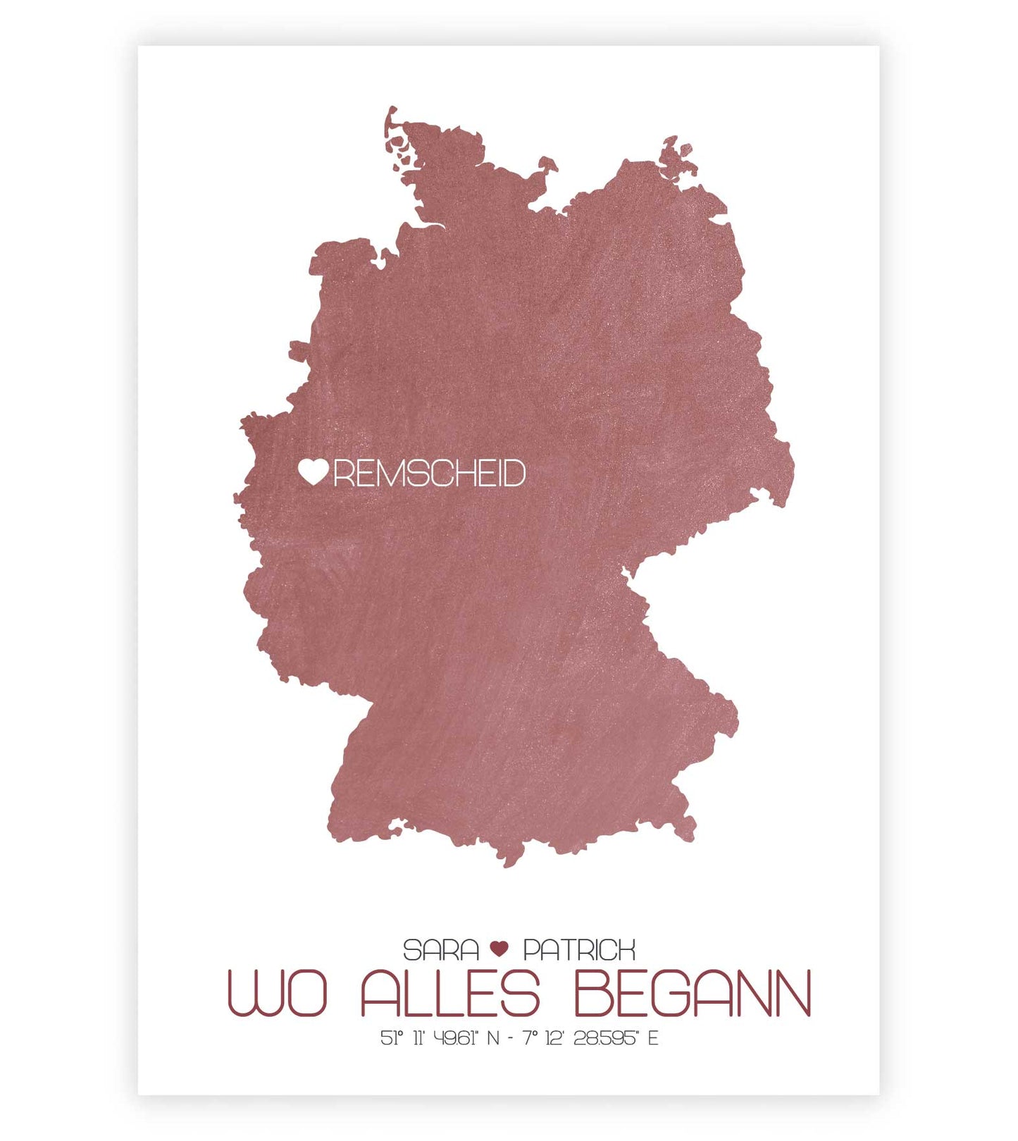 Personalisiertes Koordinaten Bild “Landkarte – Wo alles begann”, Bildfarbe: Rot, Bildgröße: 13x18cm, DIN A4, DIN A3, Bilderrahmen: Ohne Bilderrahmen, Copyright: 321geschenke.de