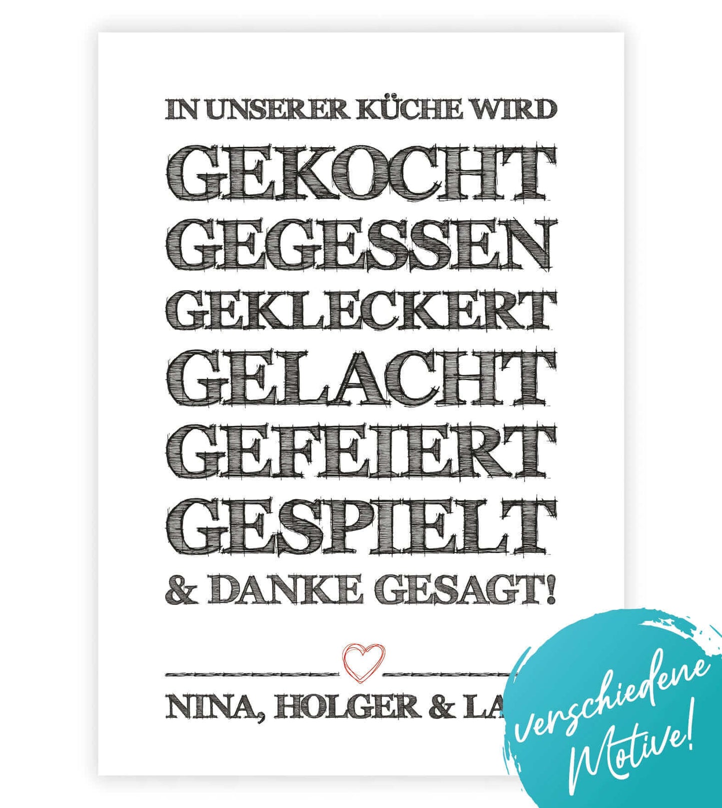 Personalisiertes Bild “In unserer Küche ….”, Variante: Variante 1, Variante 2, Bildgröße: 13x18cm, DIN A4, DIN A3, Bilderrahmen: Ohne Bilderrahmen, Bilderrahmen weiß ohne Passepartout, Bilderrahmen schwarz ohne Passepartout, Bilderrahmen weiß mit Passepartout, Bilderrahmen schwarz mit Passepartout, Copyright: 321geschenke.de