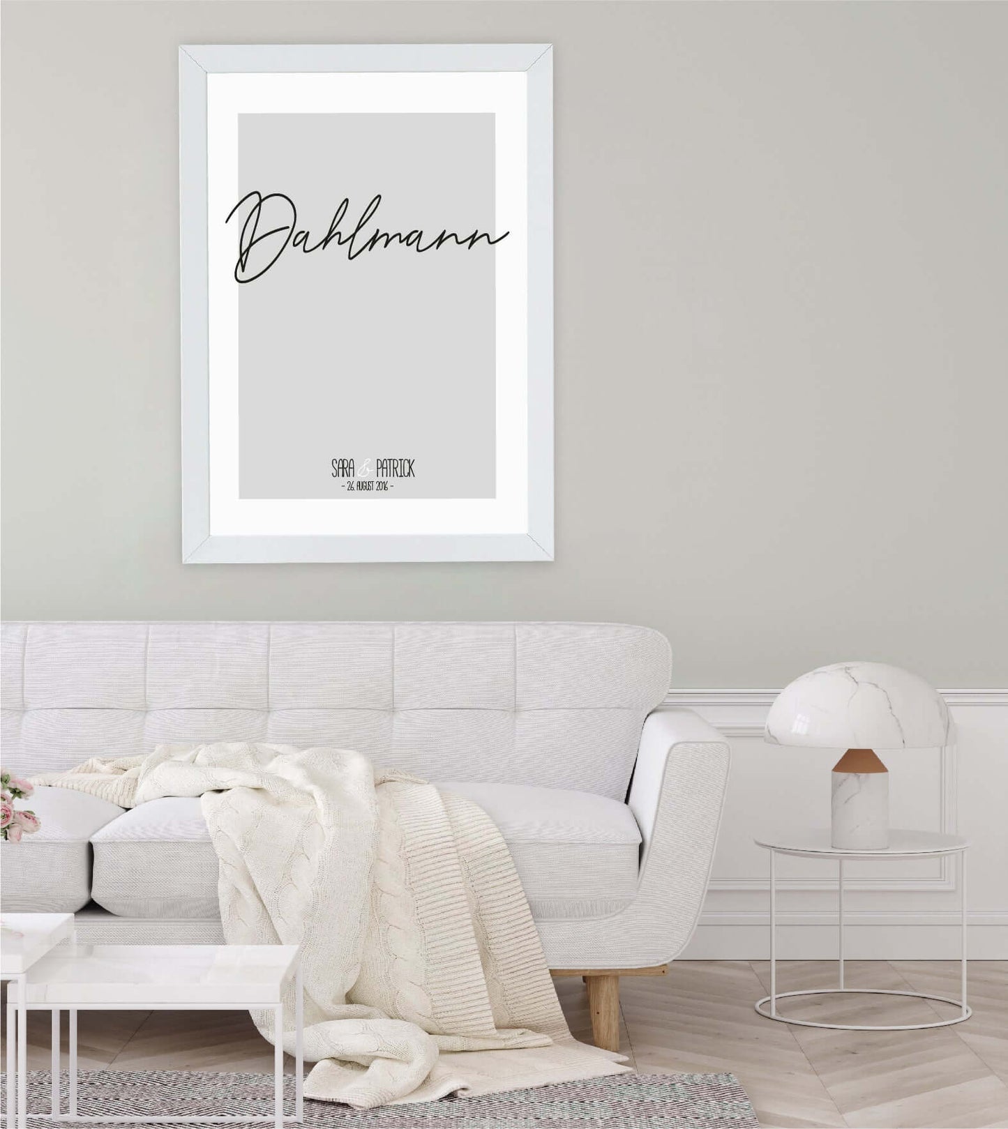 Anwendungsbild_Personalisiertes Poster “Nachname”, Bildfarbe: Beige, Grau, Weiß, Rosa, Bildgröße: 13x18cm, DIN A4, DIN A3, Bilderrahmen: Ohne Bilderrahmen, Bilderrahmen weiß ohne Passepartout, Bilderrahmen schwarz ohne Passepartout, Copyright: 321geschenke.de