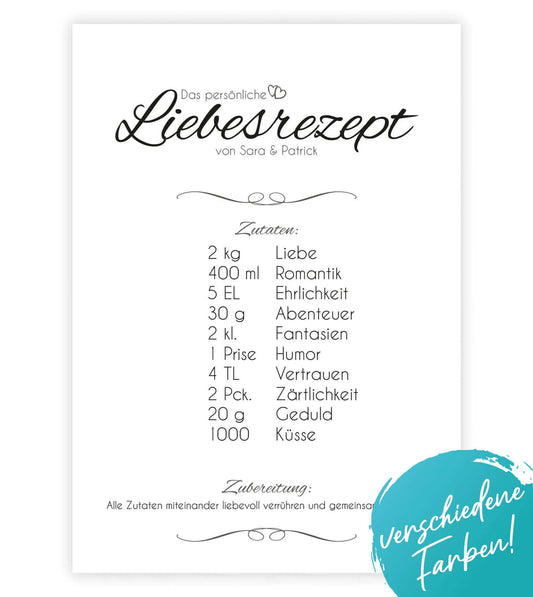 Personalisiertes Bild “Liebesrezept”, Bildfarbe: Anthrazit/Schwarz, Grau, Weiß, Bildgröße: 13x18cm, DIN A4, DIN A3, Bilderrahmen: Ohne Bilderrahmen, Bilderrahmen weiß ohne Passepartout, Bilderrahmen schwarz ohne Passepartout, Bilderrahmen weiß mit Passepartout, Bilderrahmen schwarz mit Passepartout, Copyright: 321geschenke.de