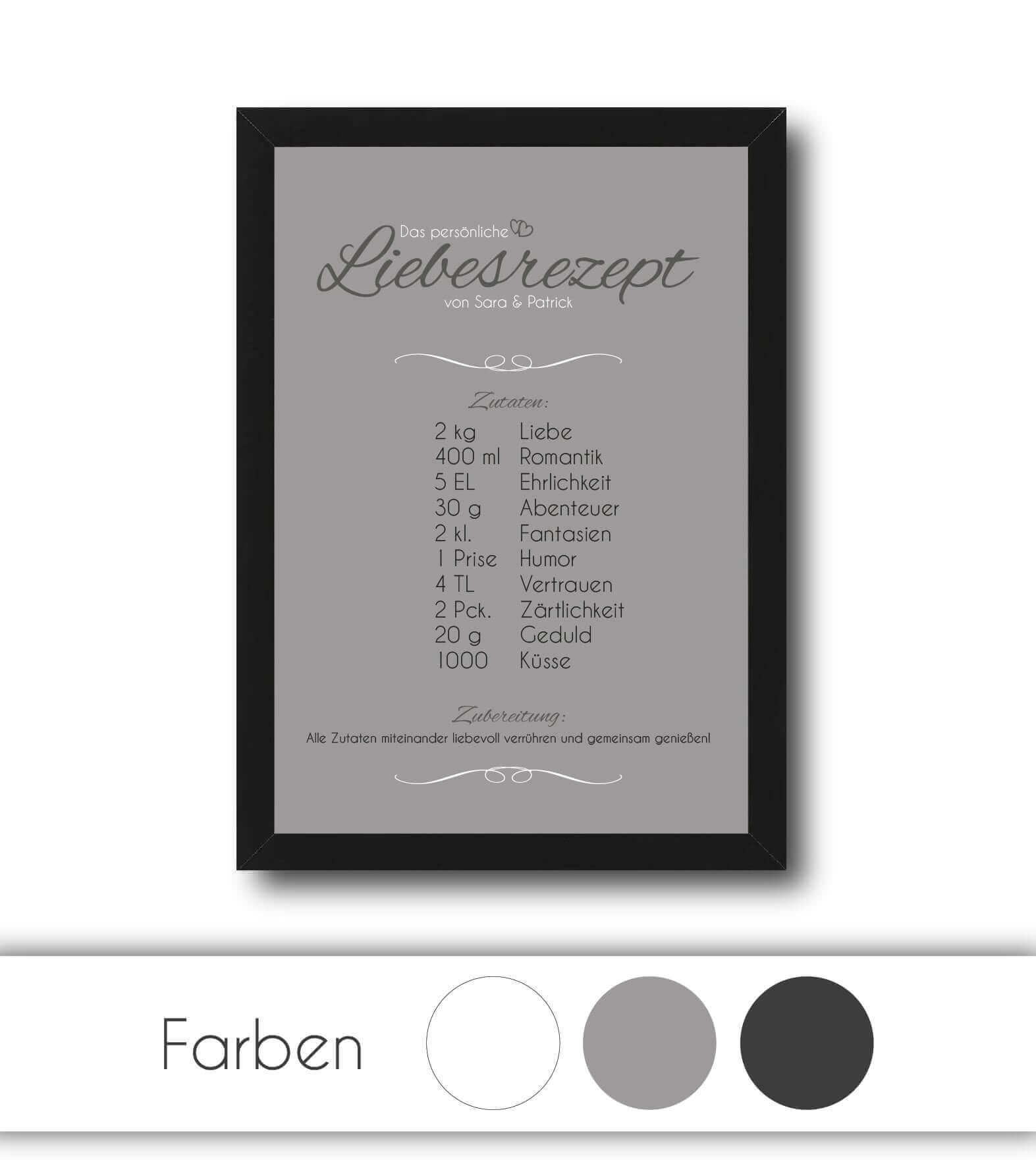 Personalisiertes Bild “Liebesrezept”, Bildfarbe: Anthrazit/Schwarz, Grau, Weiß, Bildgröße: 13x18cm, DIN A4, DIN A3, Bilderrahmen: Ohne Bilderrahmen, Bilderrahmen weiß ohne Passepartout, Bilderrahmen schwarz ohne Passepartout, Bilderrahmen weiß mit Passepartout, Bilderrahmen schwarz mit Passepartout, Copyright: 321geschenke.de