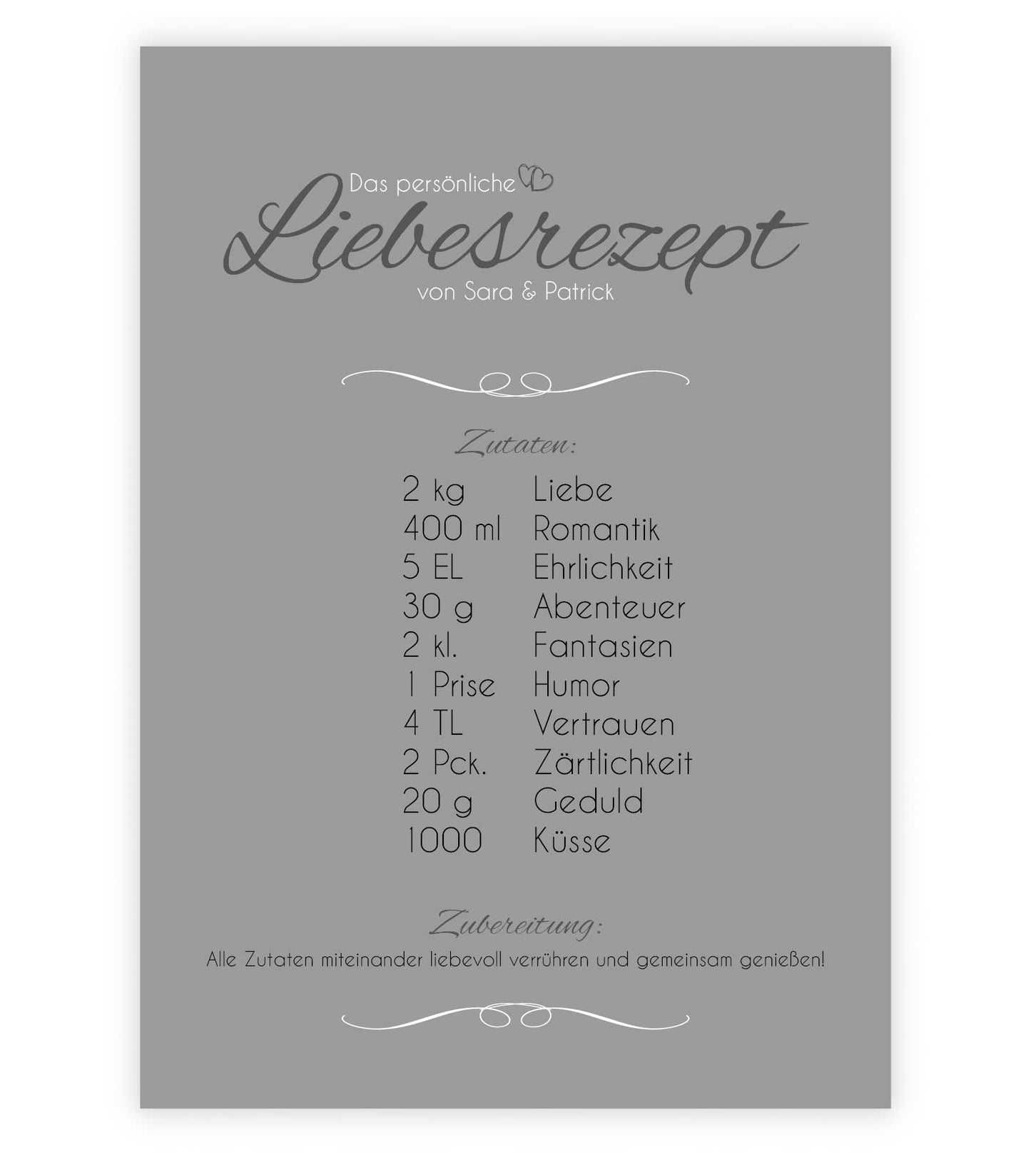 Personalisiertes Bild “Liebesrezept”, Bildfarbe: Grau, Bildgröße: 13x18cm, DIN A4, DIN A3, Bilderrahmen: Ohne Bilderrahmen, Copyright: 321geschenke.de