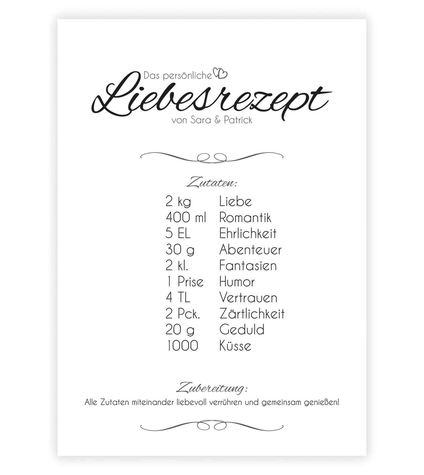 Personalisiertes Bild “Liebesrezept”, Bildfarbe: Weiß, Bildgröße: 13x18cm, DIN A4, DIN A3, Bilderrahmen: Ohne Bilderrahmen, Copyright: 321geschenke.de