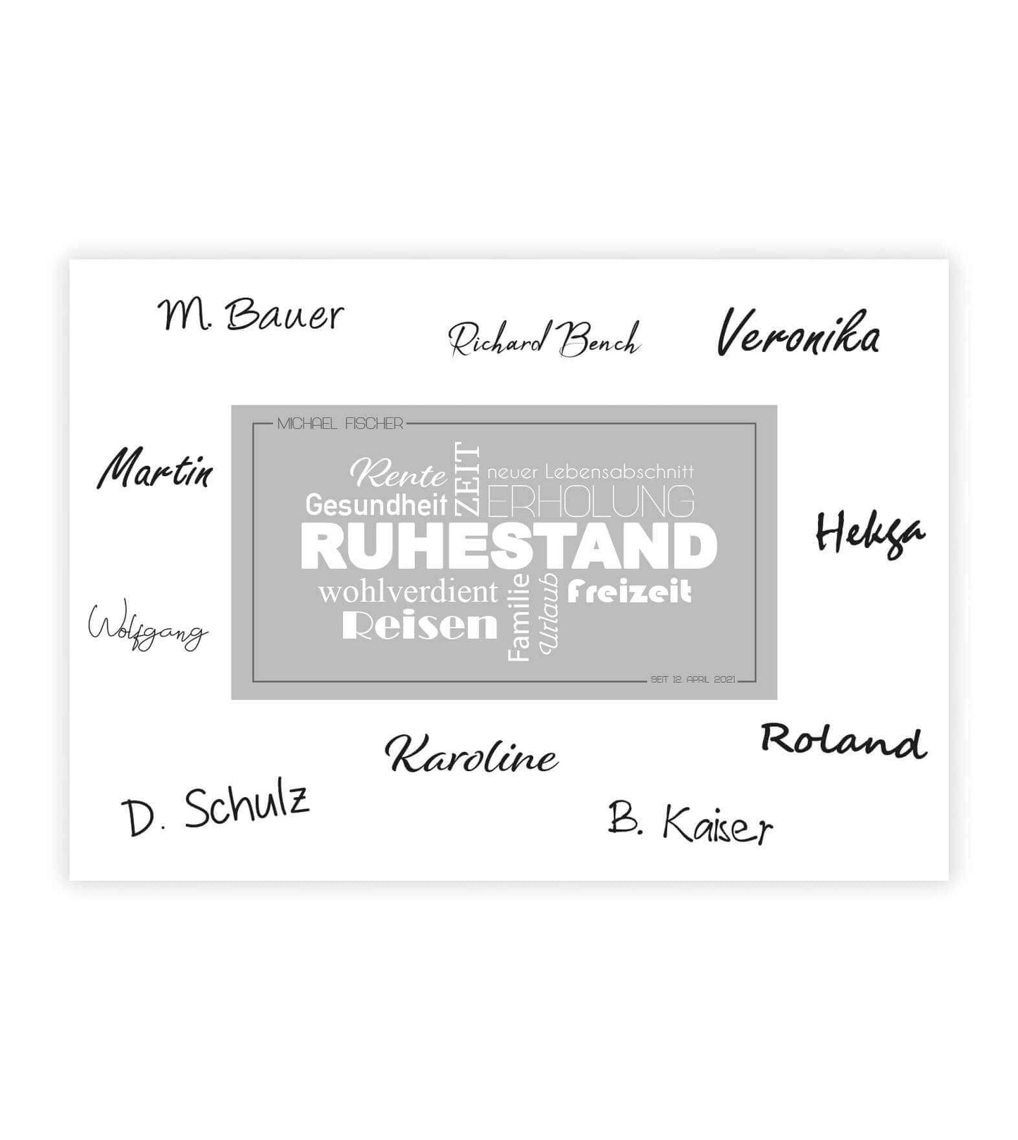 Personalisiertes Bild “Ruhestand Abschiedsgeschenk”, Bildfarbe: Grau, Bildgröße: DIN A4, DIN A3, Bilderrahmen: Ohne Bilderrahmen, Copyright: 321geschenke.de