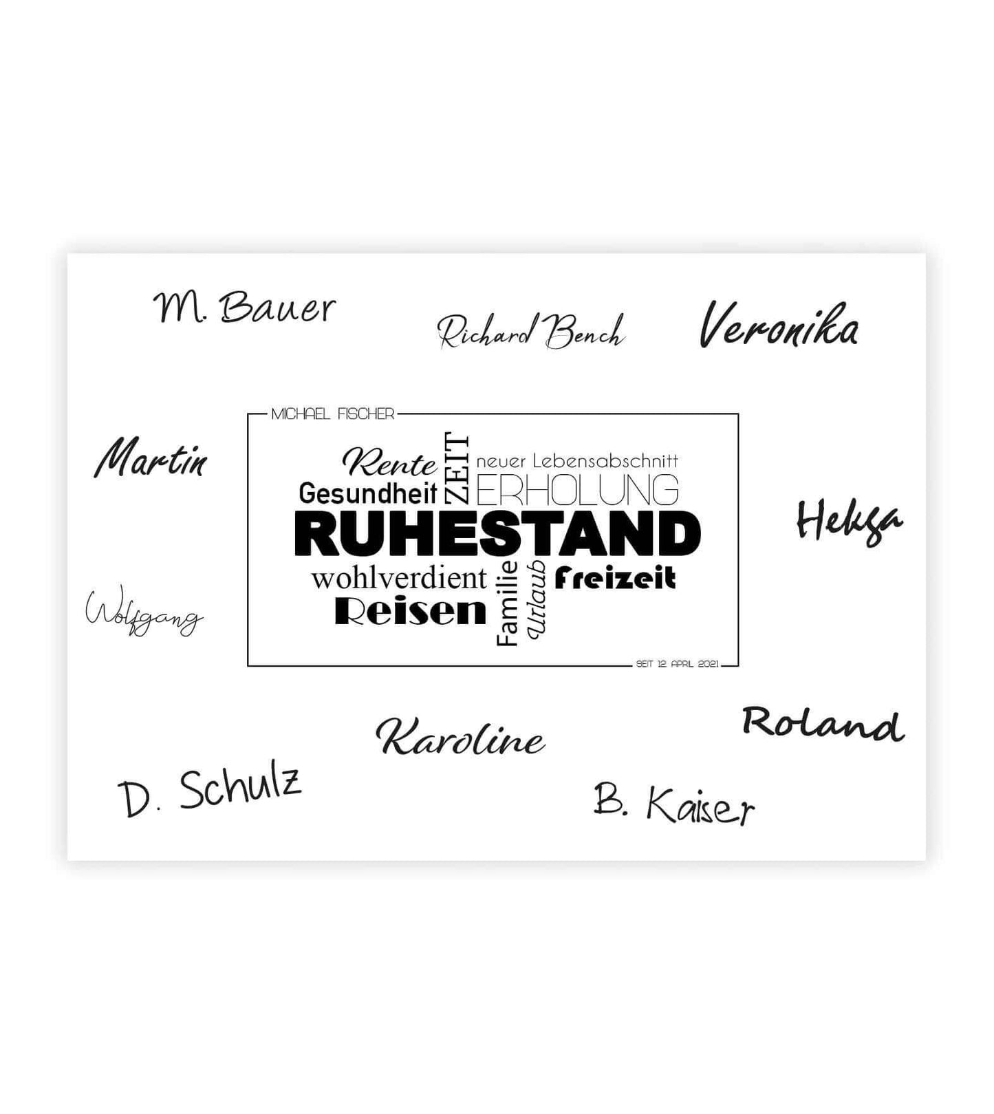 Personalisiertes Bild “Ruhestand Abschiedsgeschenk”, Bildfarbe: Weiß, Bildgröße: DIN A4, DIN A3, Bilderrahmen: Ohne Bilderrahmen, Copyright: 321geschenke.de