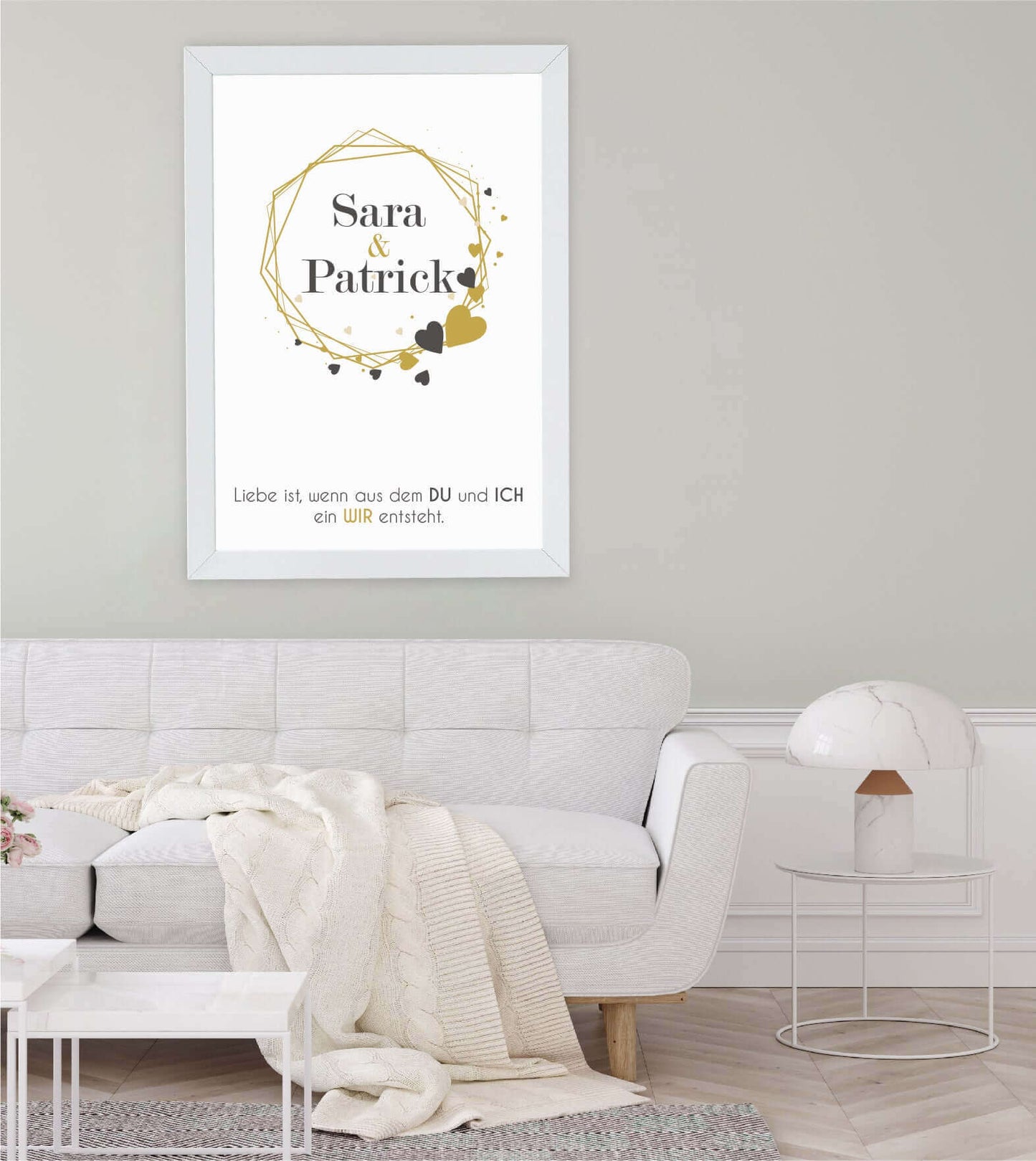 Anwendungsbild_Personalisiertes Namensposter “DU und ICH”, Variante: Hochformt, Querformat, Bildgröße: 13x18cm, DIN A4, DIN A3, Bilderrahmen: Ohne Bilderrahmen, Bilderrahmen weiß ohne Passepartout, Bilderrahmen schwarz ohne Passepartout, Bilderrahmen weiß mit Passepartout, Bilderrahmen schwarz mit Passepartout, Copyright: 321geschenke.de