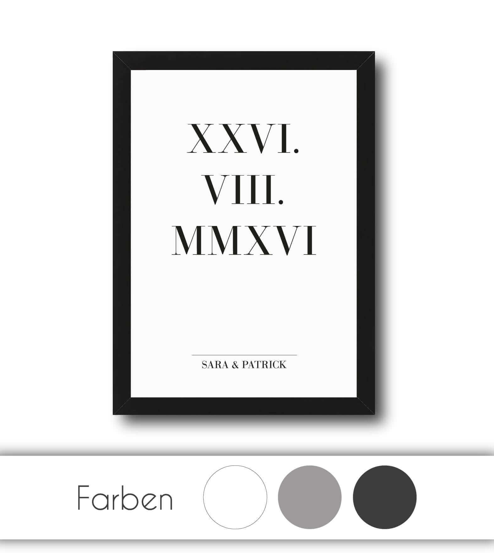 Personalisiertes Bild “RÖMISCHES DATUM”, Bildfarbe: Anthrazit/Schwarz, Grau, Weiß, Bildgröße: 13x18cm, DIN A4, DIN A3, Bilderrahmen: Ohne Bilderrahmen, Bilderrahmen weiß ohne Passepartout, Bilderrahmen schwarz ohne Passepartout, Bilderrahmen weiß mit Passepartout, Bilderrahmen schwarz mit Passepartout,Copyright: 321geschenke.de