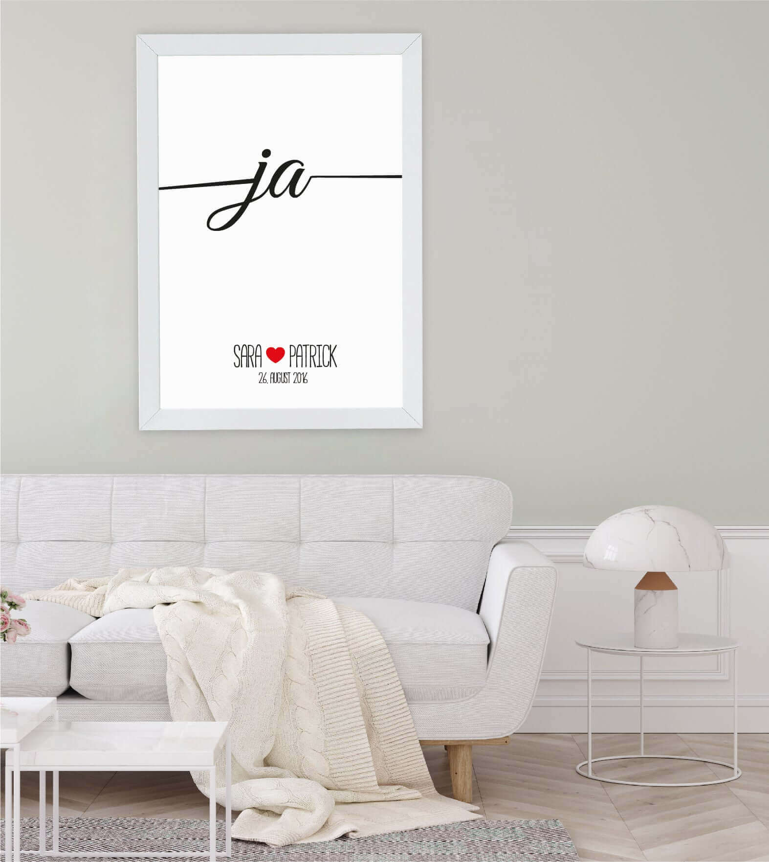Anwendungsbild_Personalisiertes Bild “JA”, Bildfarbe: Weiß, Bildgröße: 13x18cm, DIN A4, DIN A3, Bilderrahmen: Ohne Bilderrahmen, Bilderrahmen weiß ohne Passepartout, Bilderrahmen schwarz ohne Passepartout, Bilderrahmen weiß mit Passepartout, Bilderrahmen schwarz mit Passepartout, Copyright:321geschenke.de