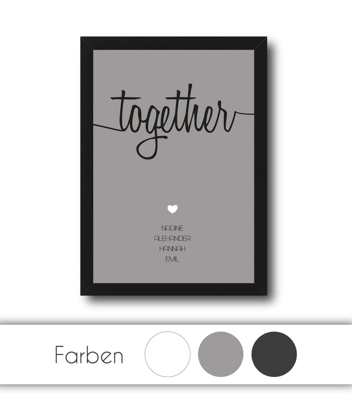 Personalisiertes Familienbild “TOGETHER”, Bildfarbe: Anthrazit/Schwarz, Grau, Weiß, Bildgröße: 13x18cm, DIN A4, DIN A3, Bilderrahmen: Ohne Bilderrahmen, Bilderrahmen weiß ohne Passepartout, Bilderrahmen schwarz ohne Passepartout, Bilderrahmen weiß mit Passepartout, Bilderrahmen schwarz mit Passepartout, Copyright:321geschenke.de
