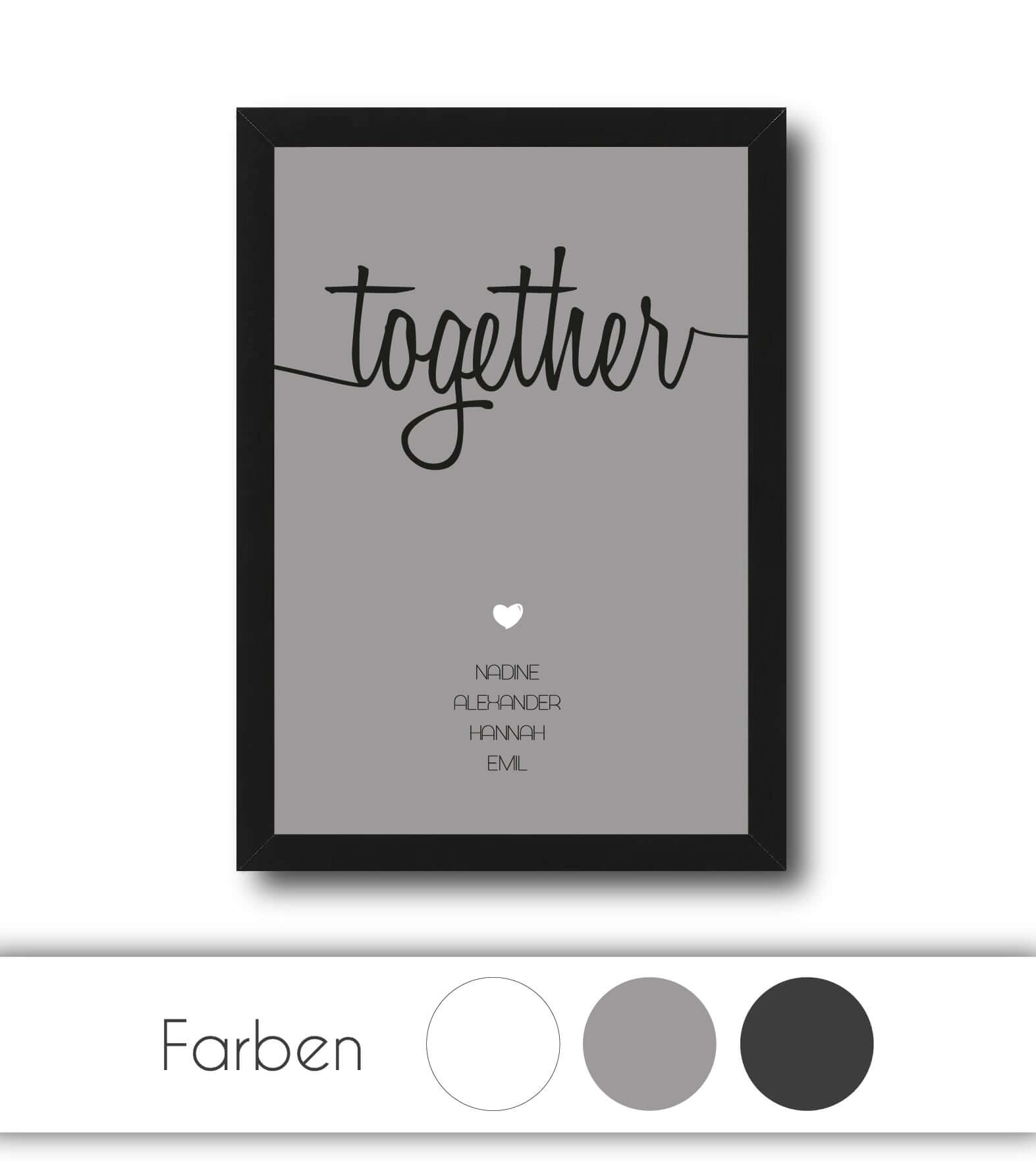 Personalisiertes Familienbild “TOGETHER”, Bildfarbe: Anthrazit/Schwarz, Grau, Weiß, Bildgröße: 13x18cm, DIN A4, DIN A3, Bilderrahmen: Ohne Bilderrahmen, Bilderrahmen weiß ohne Passepartout, Bilderrahmen schwarz ohne Passepartout, Bilderrahmen weiß mit Passepartout, Bilderrahmen schwarz mit Passepartout, Copyright:321geschenke.de