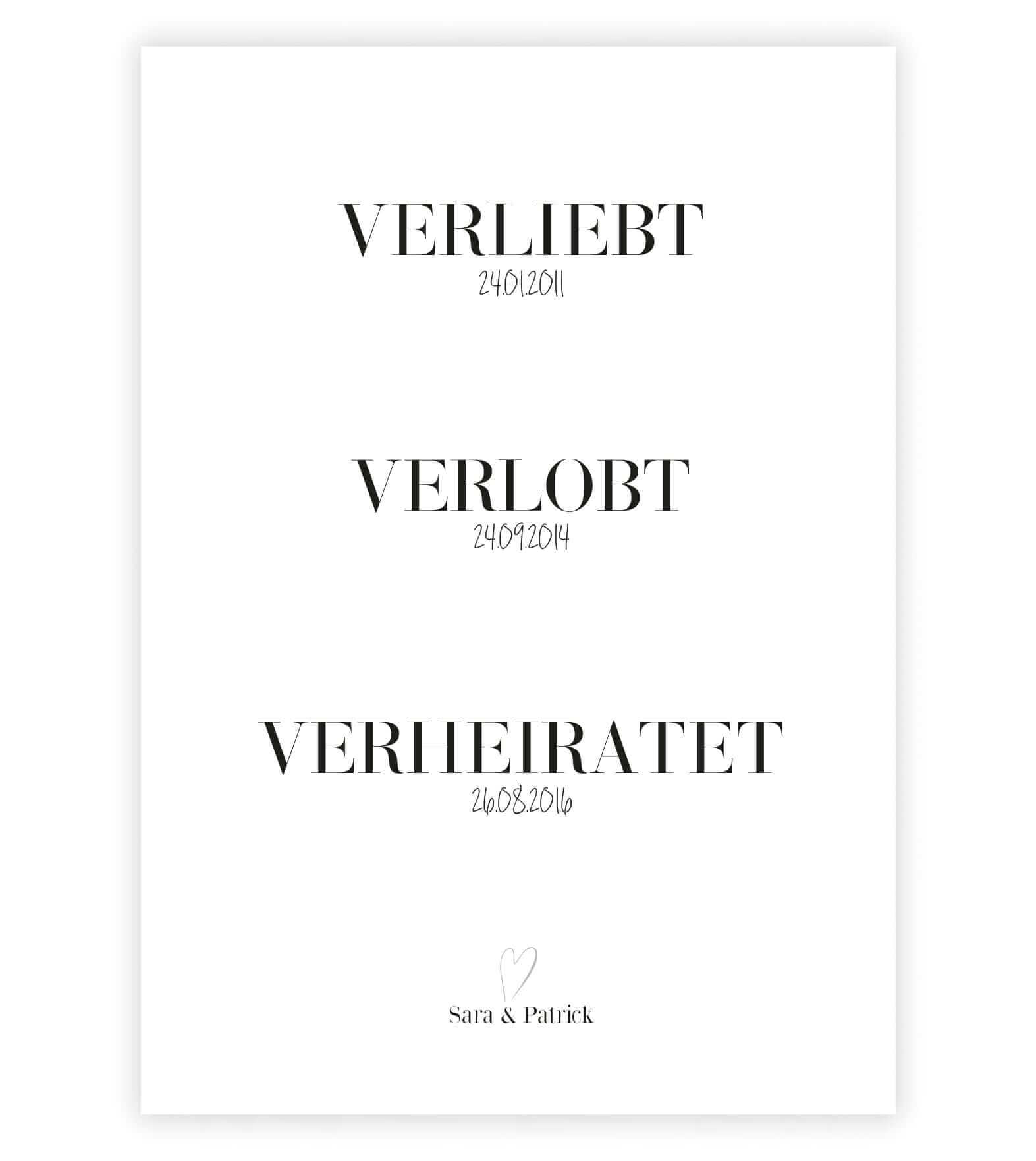 Personalisiertes Bild “VERLIEBT - VERLOBT - VERHEIRATET” - Datum, Bildfarbe: Weiß, Bildgröße: 13x18cm, DIN A4, DIN A3, Bilderrahmen: Ohne Bilderrahmen, Bilderrahmen weiß ohne Passepartout, Bilderrahmen schwarz ohne Passepartout, Bilderrahmen weiß mit Pass