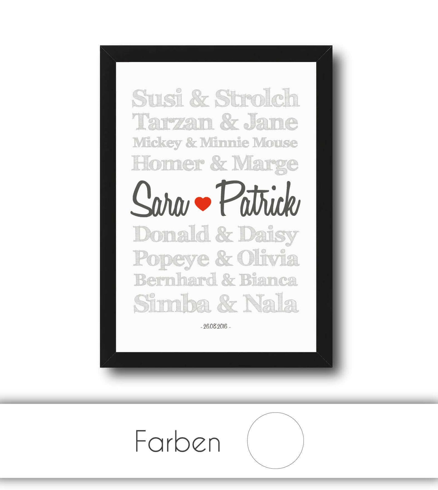 Personalisiertes Bild “TRAUMPAARE – Comic-Figuren”, Bildgröße: 13x18cm, DIN A4, DIN A3, Bilderrahmen: Ohne Bilderrahmen, Bilderrahmen weiß ohne Passepartout, Bilderrahmen schwarz ohne Passepartout, Bilderrahmen weiß mit Passepartout, Bilderrahmen schwarz mit Passepartout, ,Copyright: 321geschenke.de