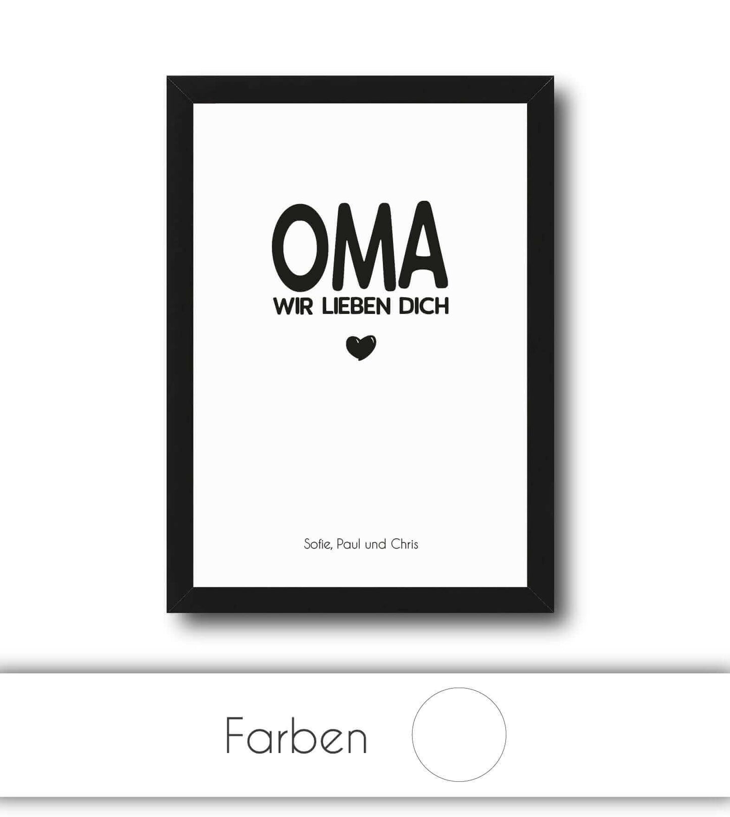 Personalisiertes Bild “OMA - Wir lieben dich”, Bildgröße: 13x18cm, DIN A4, DIN A3, Bilderrahmen: Ohne Bilderrahmen, Bilderrahmen weiß ohne Passepartout, Bilderrahmen schwarz ohne Passepartout, Bilderrahmen weiß mit Passepartout, Bilderrahmen schwarz mit Passepartout, ,Copyright: 321geschenke.de