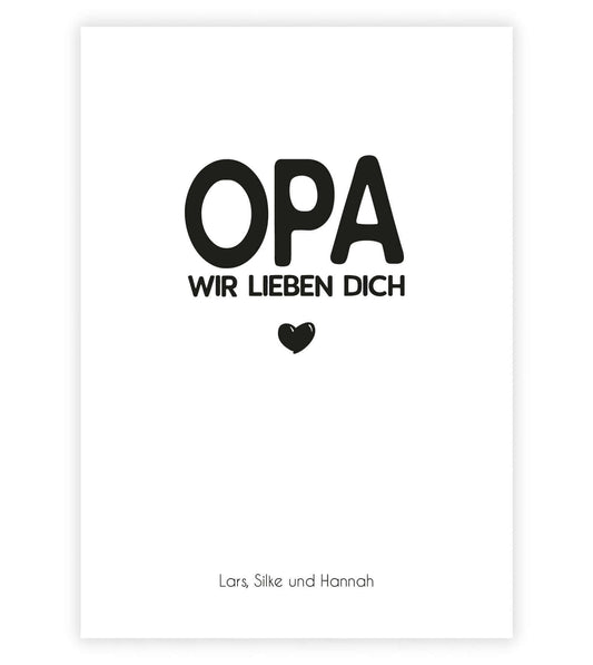 Personalisiertes Bild “OPA - Wir lieben dich”, Bildgröße: 13x18cm, DIN A4, DIN A3, Bilderrahmen: Ohne Bilderrahmen, Bilderrahmen weiß ohne Passepartout, Bilderrahmen schwarz ohne Passepartout, Bilderrahmen weiß mit Passepartout, Bilderrahmen schwarz mit Passepartout, ,Copyright: 321geschenke.de
