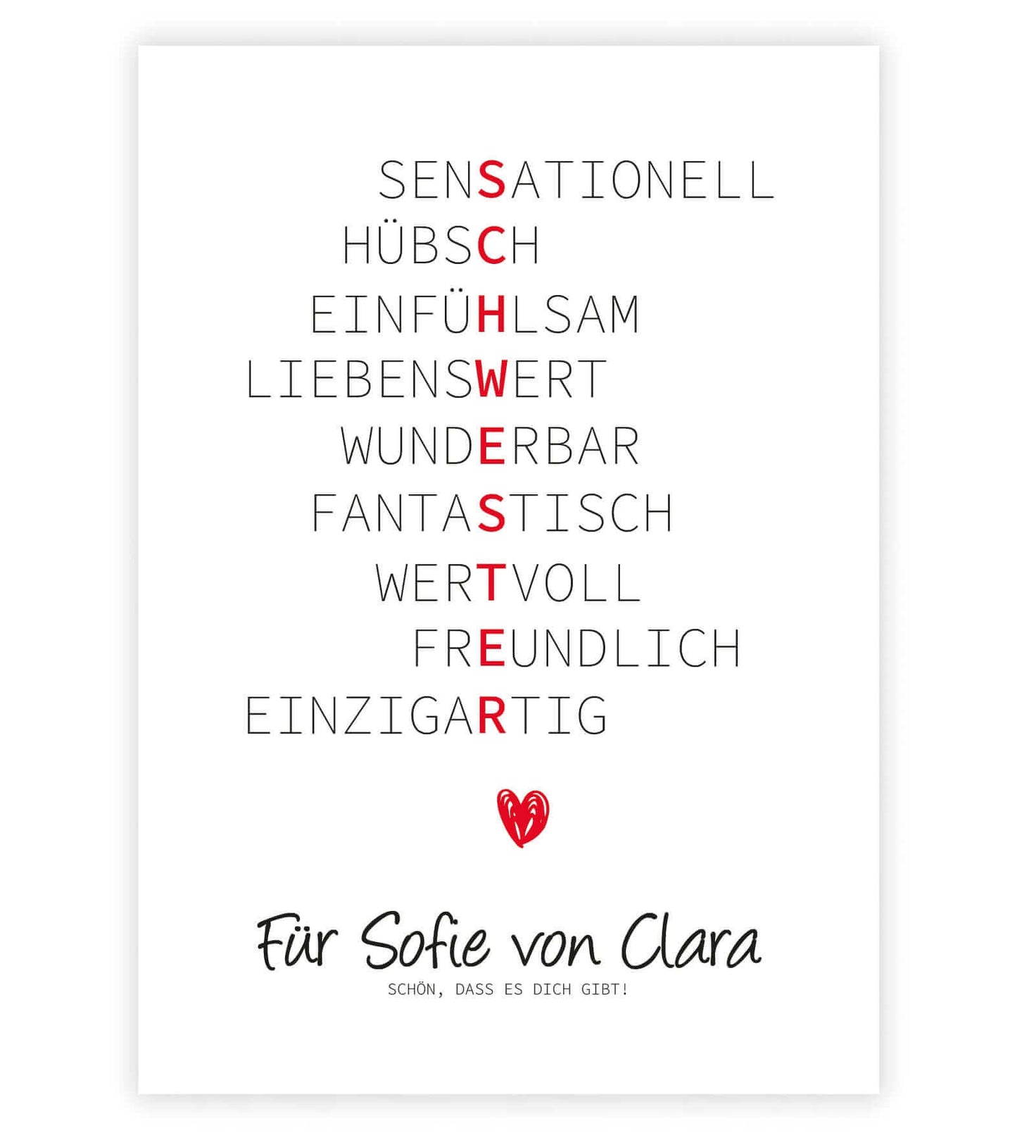Personalisiertes Bild “Wörterposter SCHWESTER”, Bildgröße: 13x18cm, DIN A4, DIN A3, Bilderrahmen: Ohne Bilderrahmen, Bilderrahmen weiß ohne Passepartout, Bilderrahmen schwarz ohne Passepartout, Bilderrahmen weiß mit Passepartout, Bilderrahmen schwarz mit Passepartout, ,Copyright: 321geschenke.de