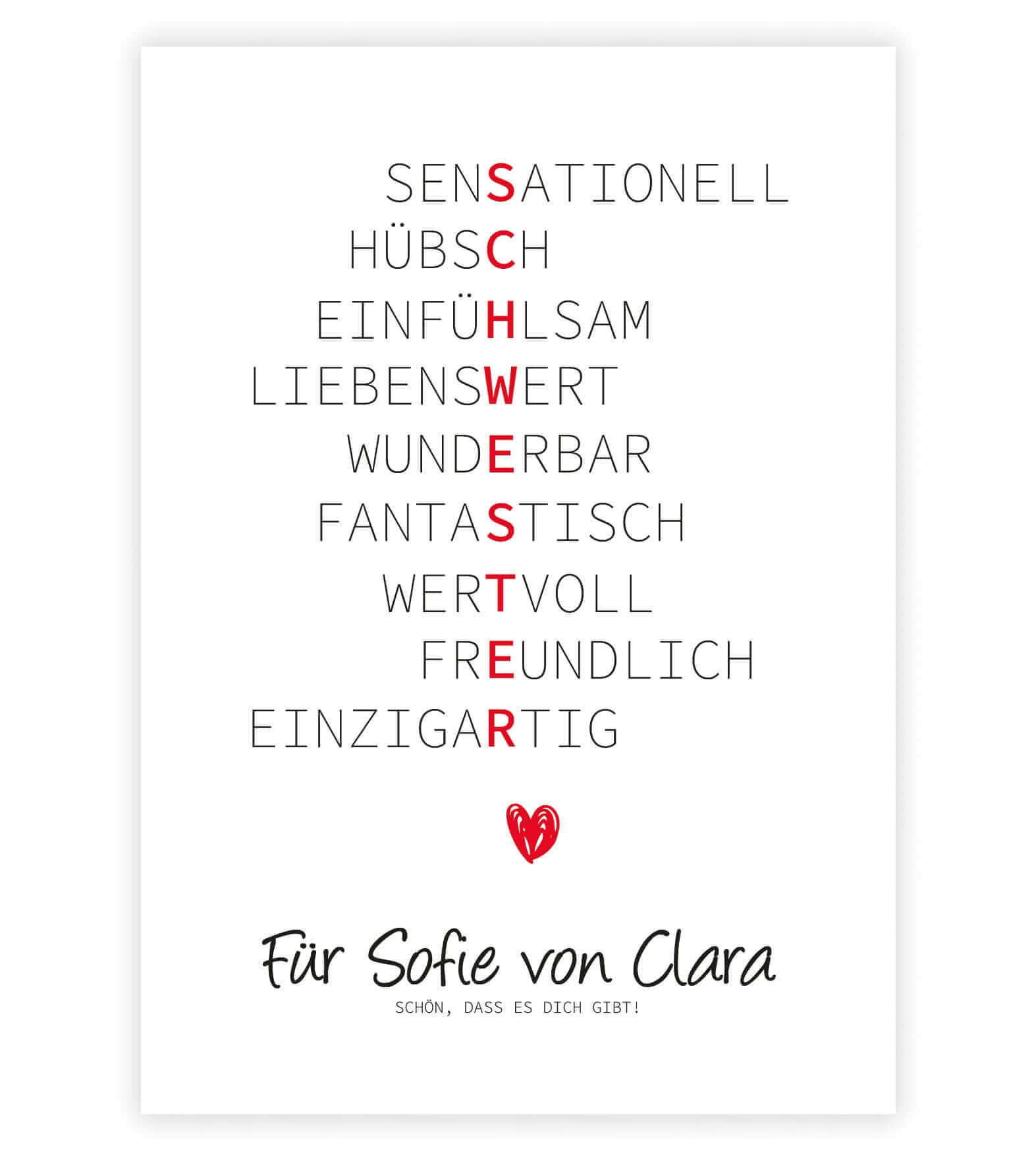 Personalisiertes Bild “Wörterposter SCHWESTER”, Bildgröße: 13x18cm, DIN A4, DIN A3, Bilderrahmen: Ohne Bilderrahmen, Bilderrahmen weiß ohne Passepartout, Bilderrahmen schwarz ohne Passepartout, Bilderrahmen weiß mit Passepartout, Bilderrahmen schwarz mit Passepartout, ,Copyright: 321geschenke.de