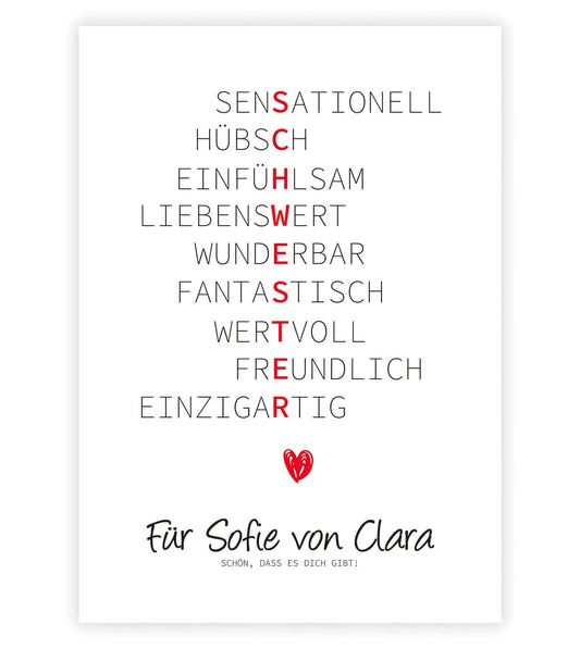 Personalisiertes Bild “Wörterposter SCHWESTER”, Bildgröße: 13x18cm, DIN A4, DIN A3, Bilderrahmen: Ohne Bilderrahmen, Bilderrahmen weiß ohne Passepartout, Bilderrahmen schwarz ohne Passepartout, Bilderrahmen weiß mit Passepartout, Bilderrahmen schwarz mit Passepartout, ,Copyright: 321geschenke.de