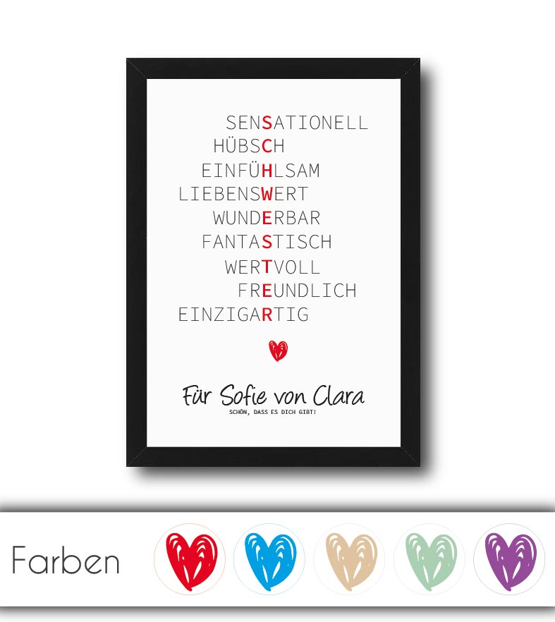 Personalisiertes Bild “Wörterposter SCHWESTER”, Bildgröße: 13x18cm, DIN A4, DIN A3, Bilderrahmen: Ohne Bilderrahmen, Bilderrahmen weiß ohne Passepartout, Bilderrahmen schwarz ohne Passepartout, Bilderrahmen weiß mit Passepartout, Bilderrahmen schwarz mit Passepartout, ,Copyright: 321geschenke.de