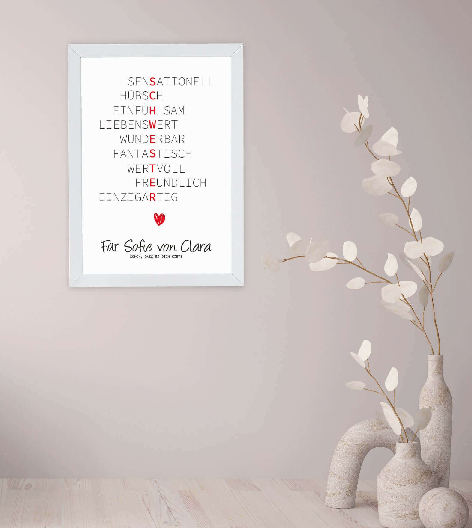 Anwendungsbild_Personalisiertes Bild “Wörterposter SCHWESTER”, Bildgröße: 13x18cm, DIN A4, DIN A3, Bilderrahmen: Ohne Bilderrahmen, Bilderrahmen weiß ohne Passepartout, Bilderrahmen schwarz ohne Passepartout, Bilderrahmen weiß mit Passepartout, Bilderrahmen schwarz mit Passepartout, ,Copyright: 321geschenke.de