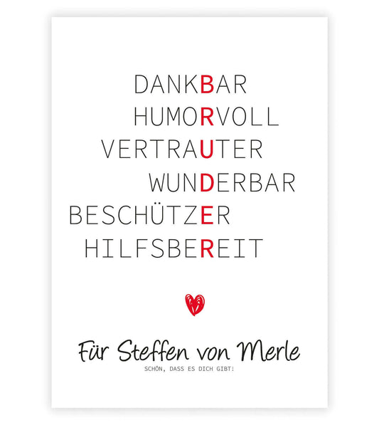 Personalisiertes Bild “Wörterposter BRUDER”, Bildgröße: 13x18cm, DIN A4, DIN A3, Bilderrahmen: Ohne Bilderrahmen, Bilderrahmen weiß ohne Passepartout, Bilderrahmen schwarz ohne Passepartout, Bilderrahmen weiß mit Passepartout, Bilderrahmen schwarz mit Passepartout, ,Copyright: 321geschenke.de