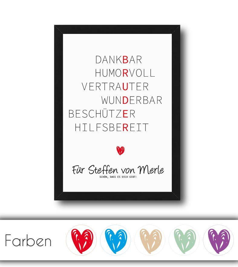 Personalisiertes Bild “Wörterposter BRUDER”, Bildgröße: 13x18cm, DIN A4, DIN A3, Bilderrahmen: Ohne Bilderrahmen, Bilderrahmen weiß ohne Passepartout, Bilderrahmen schwarz ohne Passepartout, Bilderrahmen weiß mit Passepartout, Bilderrahmen schwarz mit Passepartout, ,Copyright: 321geschenke.de