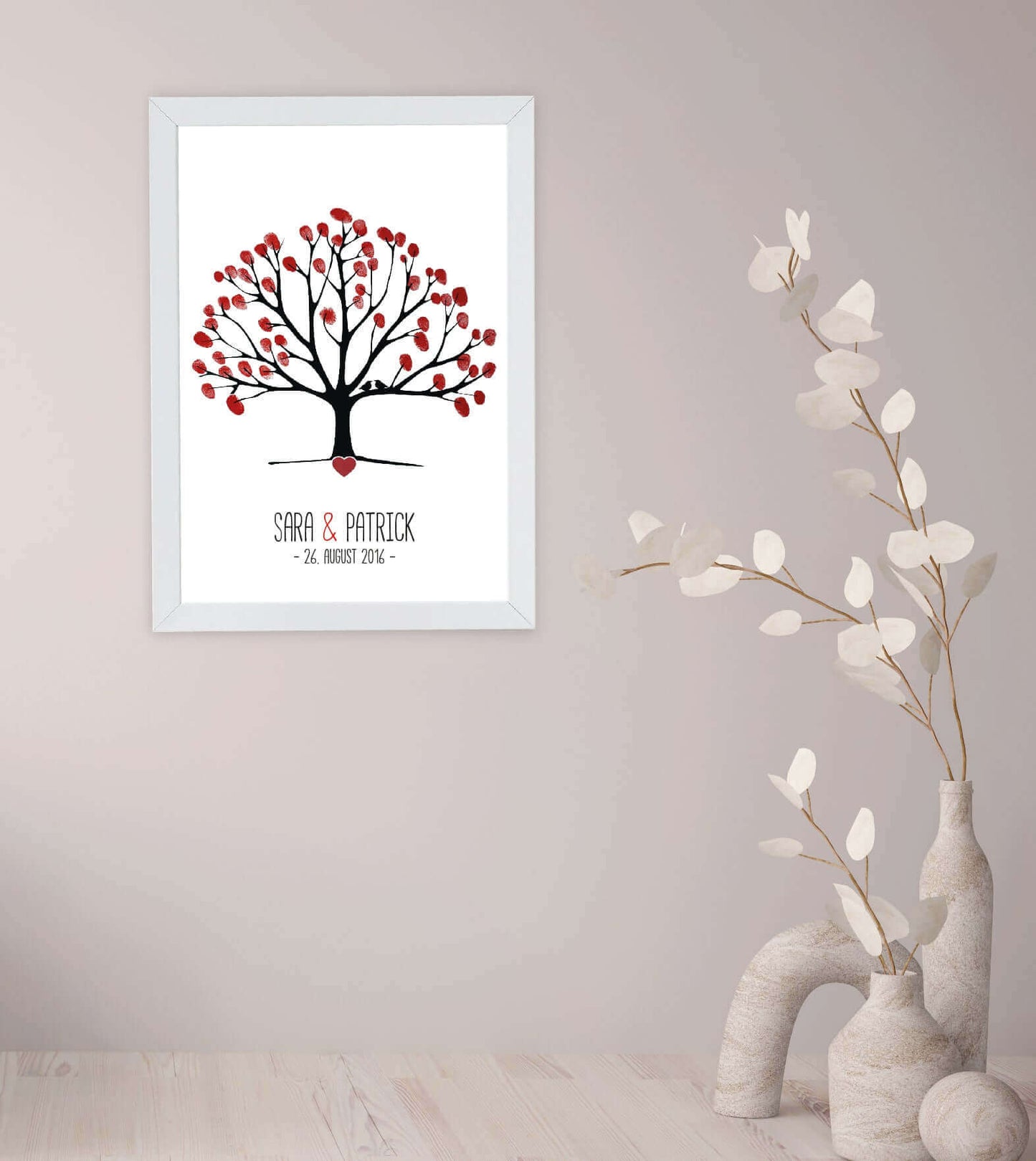 Anwendungsbild_Personalisiertes Bild “Hochzeitsbaum”, Bildgröße: DIN A3, Bilderrahmen: Ohne Bilderrahmen, Bilderrahmen weiß ohne Passepartout, Bilderrahmen schwarz ohne Passepartout, Copyright: 321geschenke.de