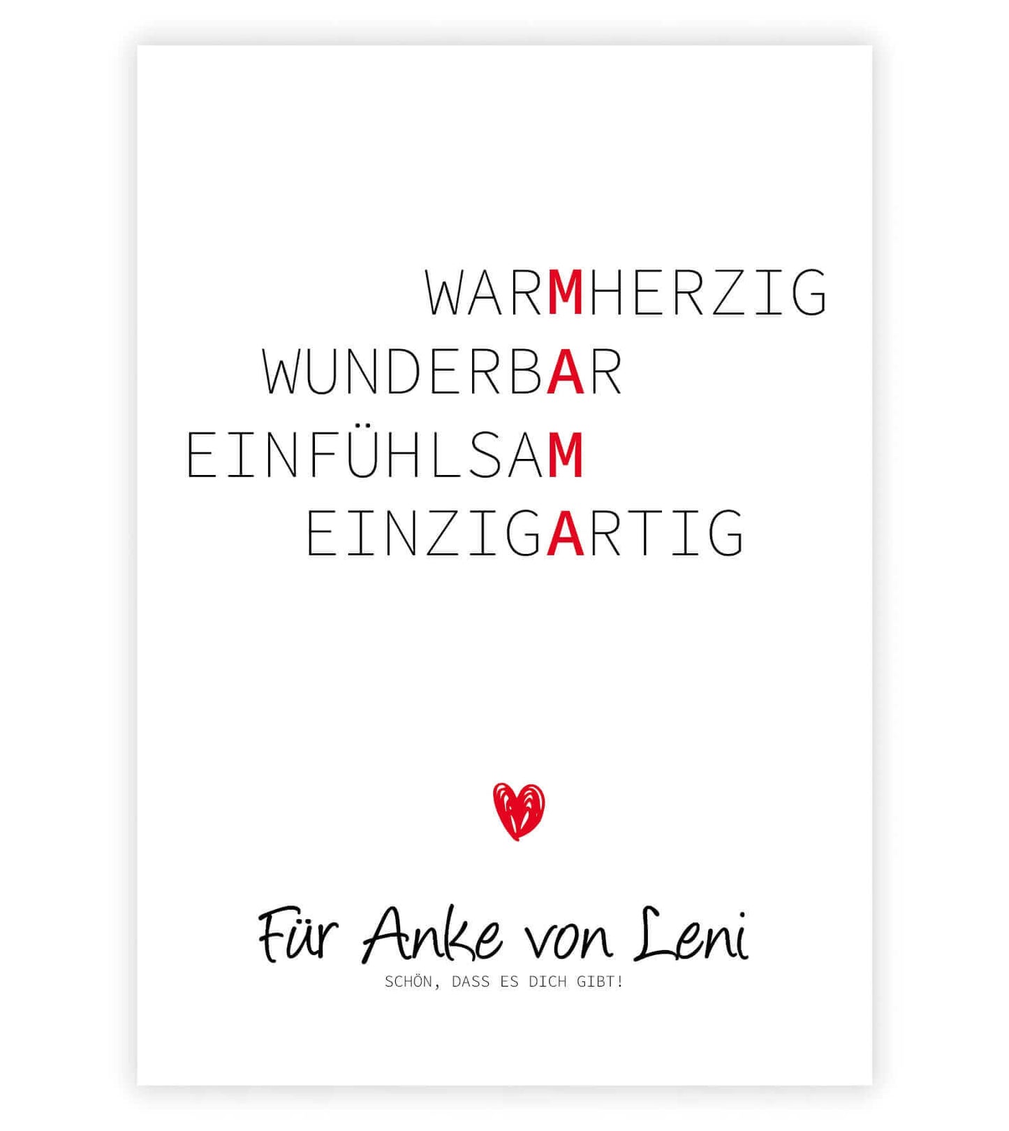 Personalisiertes Bild Wörterposter" - MAMA, Bildfarbe: Weiß, Bildgröße: 13x18cm, DIN A4, DIN A3, Bilderrahmen: Ohne Bilderrahmen, Bilderrahmen weiß ohne Passepartout, Bilderrahmen schwarz ohne Passepartout, Bilderrahmen weiß mit Passepartout, Bilderrahmen