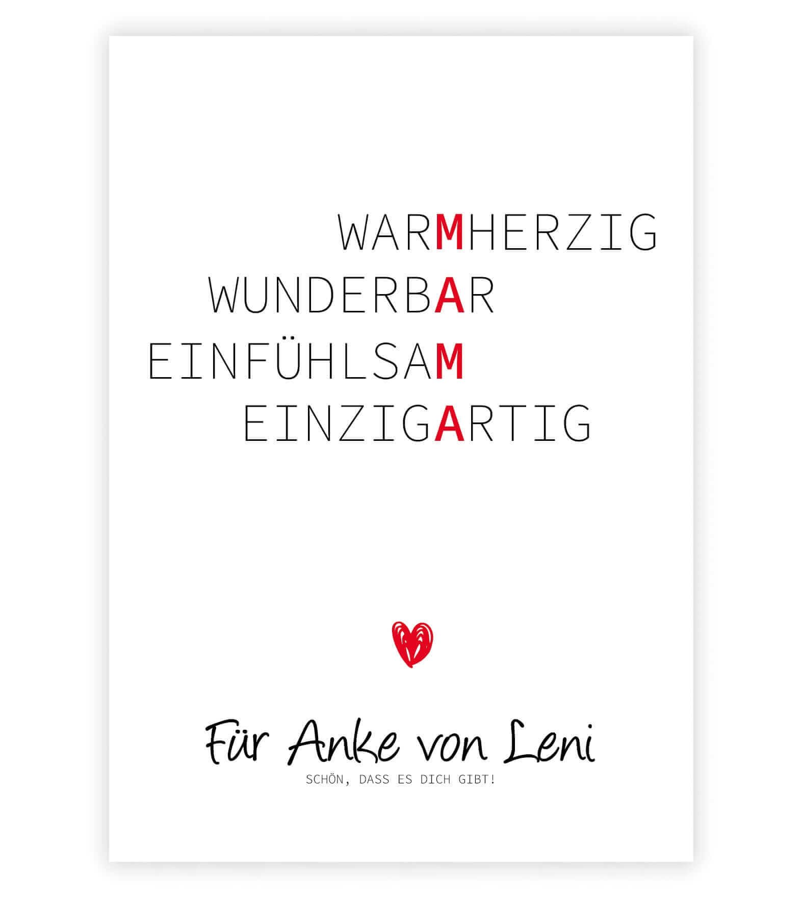 Personalisiertes Bild Wörterposter" - MAMA, Bildfarbe: Weiß, Bildgröße: 13x18cm, DIN A4, DIN A3, Bilderrahmen: Ohne Bilderrahmen, Bilderrahmen weiß ohne Passepartout, Bilderrahmen schwarz ohne Passepartout, Bilderrahmen weiß mit Passepartout, Bilderrahmen