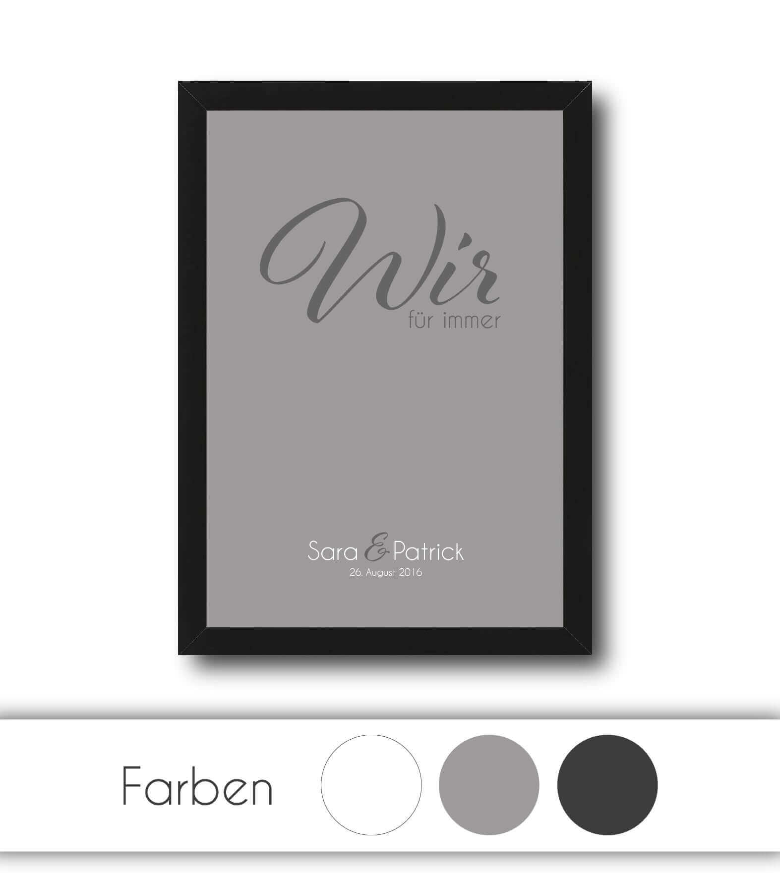 Personalisiertes Bild “WIR - für immer”, Bildfarbe: Anthrazit/Schwarz, Grau, Weiß, Bildgröße: 13x18cm, DIN A4, DIN A3, Bilderrahmen: Ohne Bilderrahmen, Bilderrahmen weiß ohne Passepartout, Bilderrahmen schwarz ohne Passepartout, Bilderrahmen weiß mit Passepartout, Bilderrahmen schwarz mit Passepartout,Copyright: 321geschenke.de