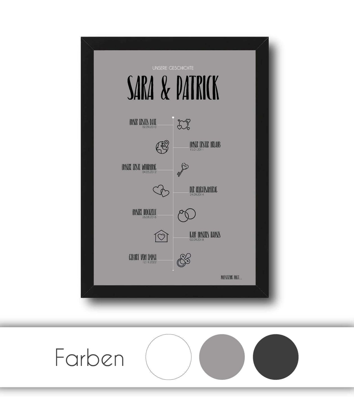 Personalisiertes Bild “TIMELINE” - Unsere Geschichte, Bildfarbe: Anthrazit/Schwarz, Grau, Weiß, Bildgröße: 13x18cm, DIN A4, DIN A3, Bilderrahmen: Ohne Bilderrahmen, Bilderrahmen weiß ohne Passepartout, Bilderrahmen schwarz ohne Passepartout, Bilderrahmen weiß mit Passepartout, Bilderrahmen schwarz mit Passepartout, Copyright:321geschenke.de